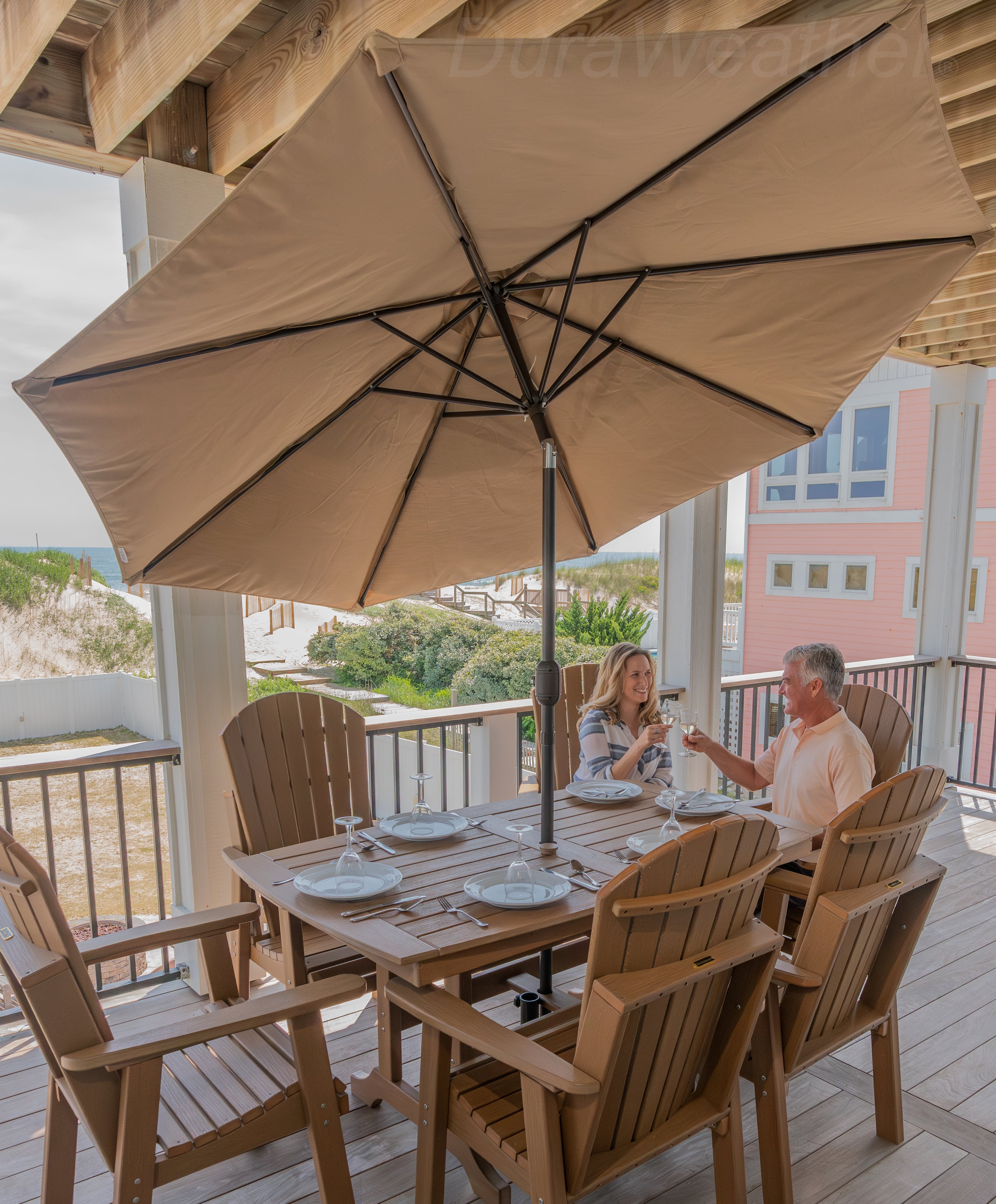 DURAWEATHER POLY® 9'ft Patio Umbrella Push Button Tilt Double Wind Vents Includes Base in Sunbrella Fabrics