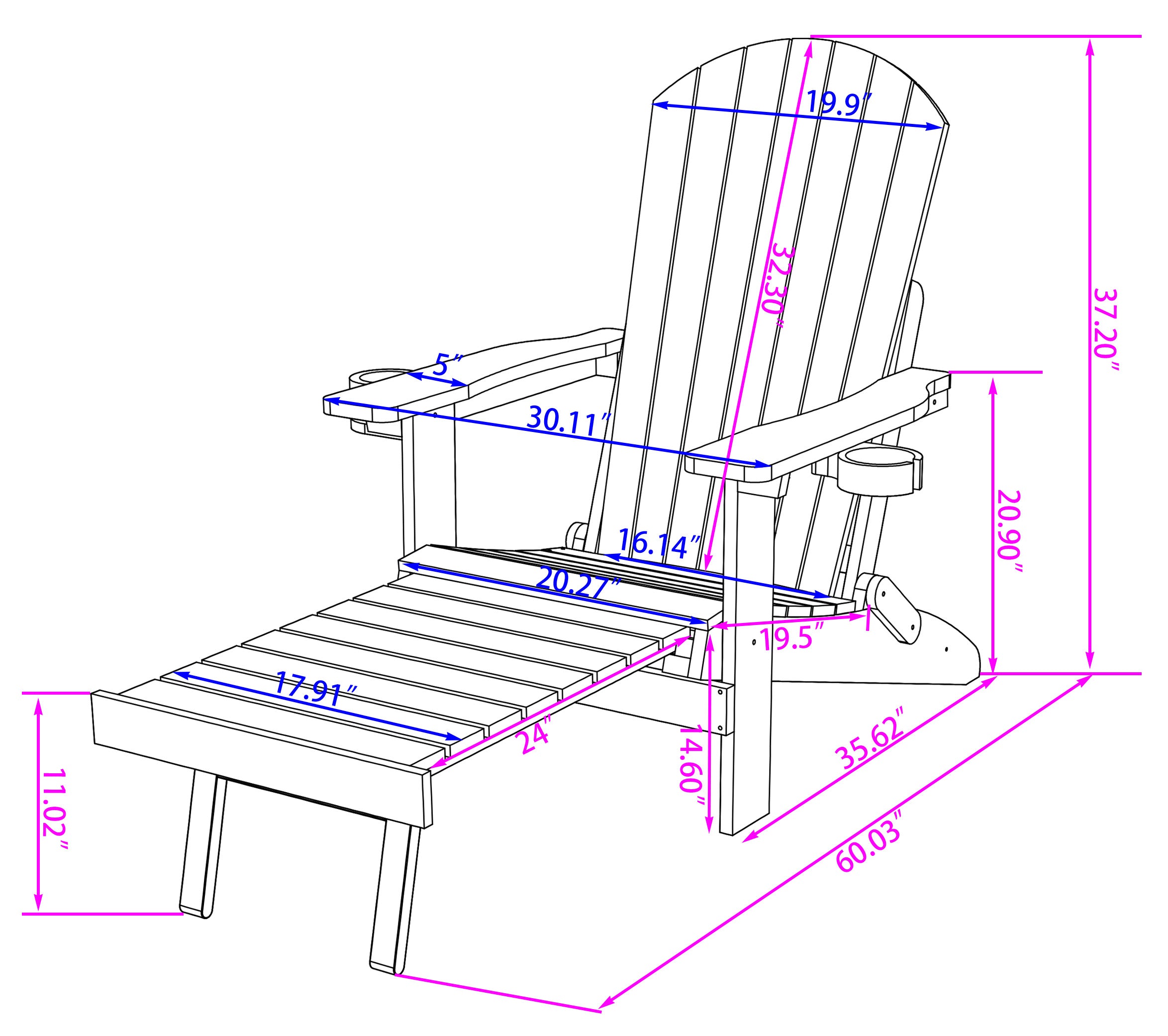 Folding Adirondack Chair with Built in Footrest & Cup/Wine Holders King Size