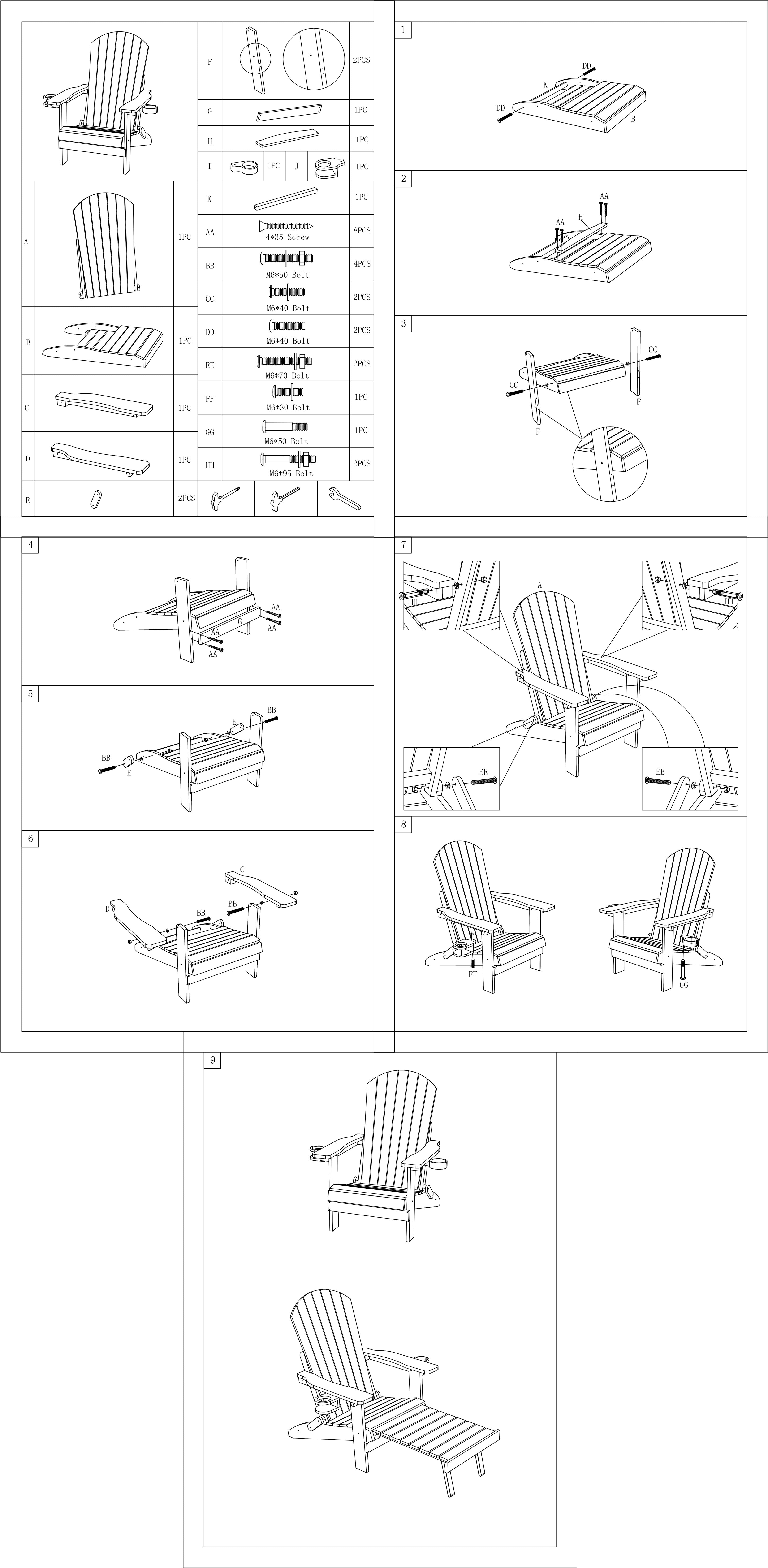 Folding Adirondack Chair with Built in Footrest & Cup/Wine Holders King Size