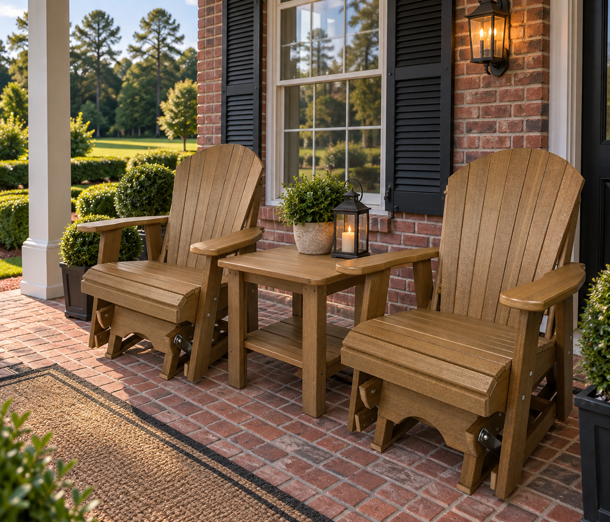 Set of 2 Adirondack Single Gliders With Two Tier End Table
