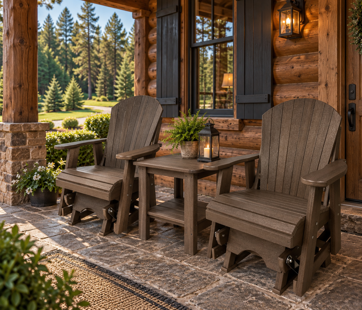 Set of 2 Adirondack Single Gliders With Two Tier End Table