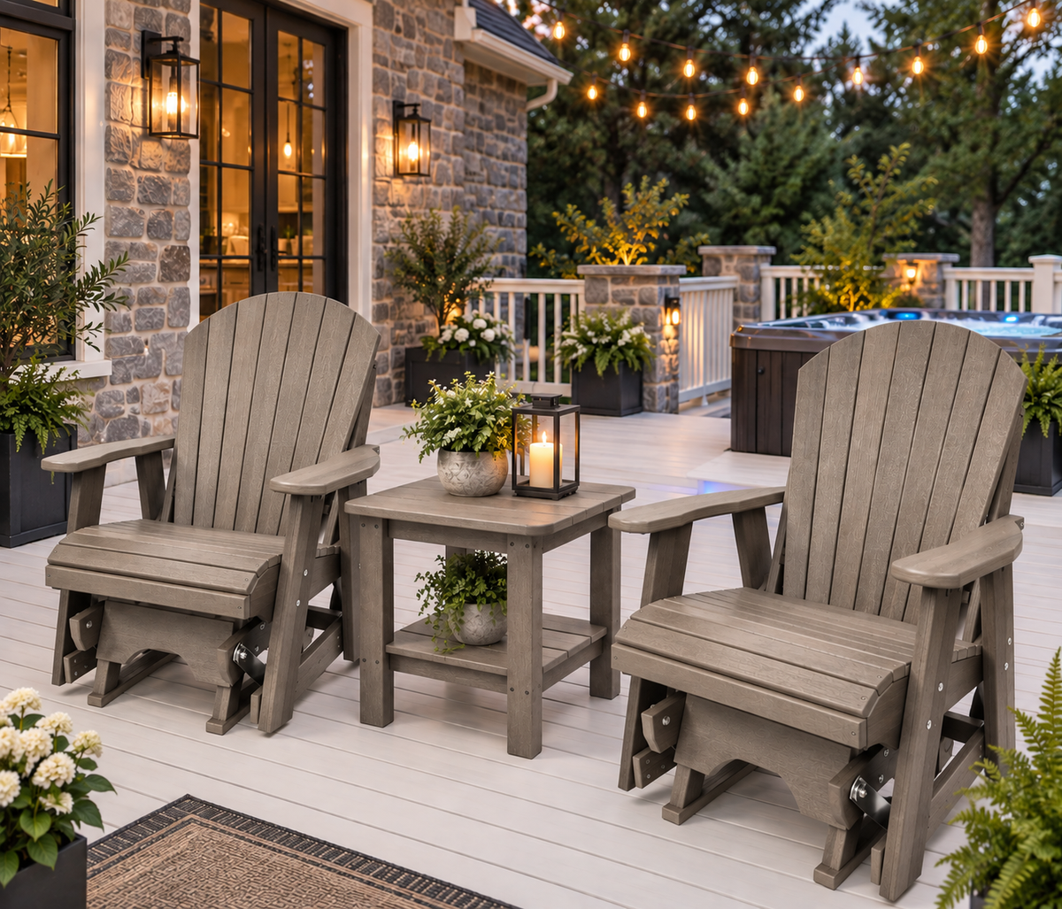 Set of 2 Adirondack Single Gliders With Two Tier End Table