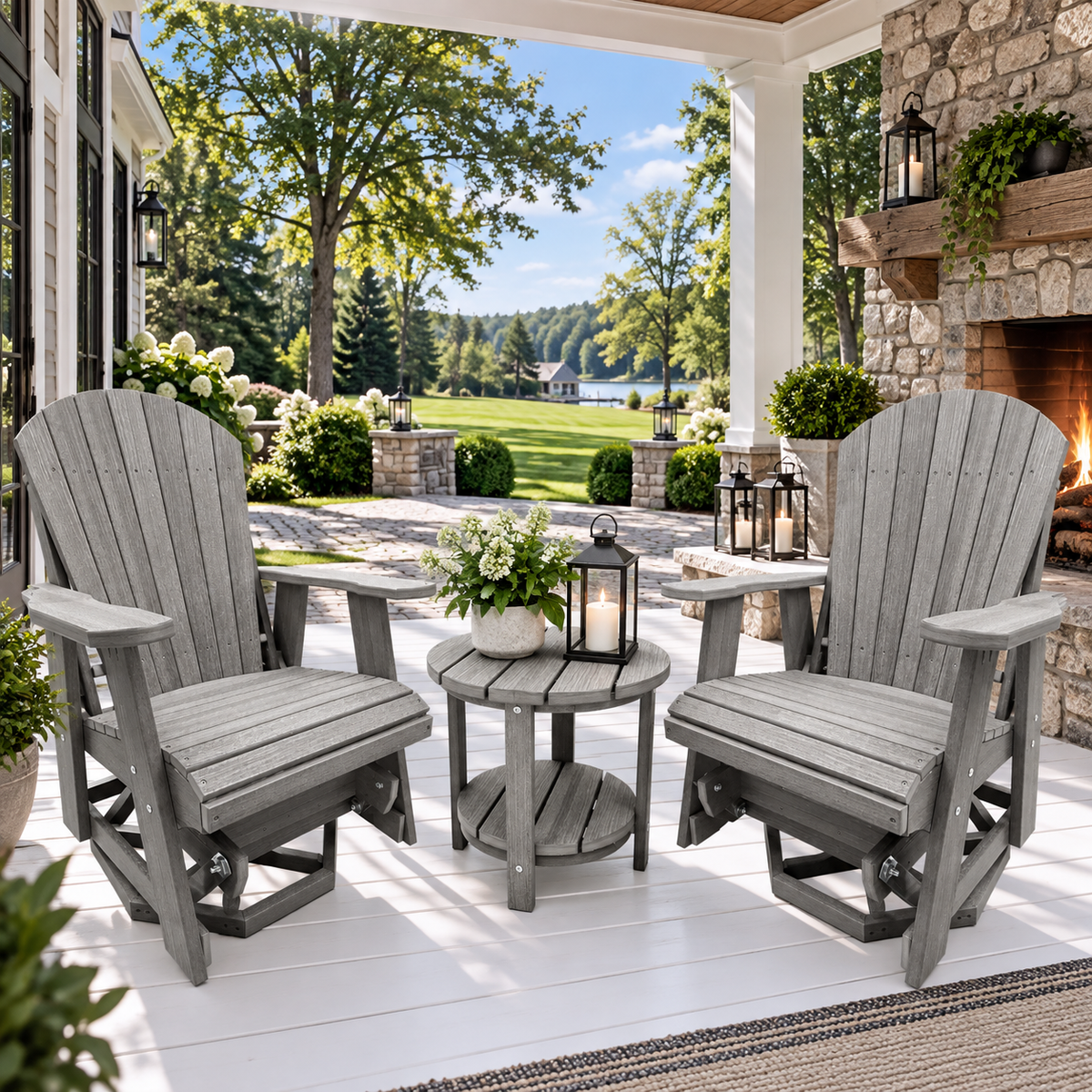 3-Piece Adirondack Swivel Gliders With Two Tier End Table