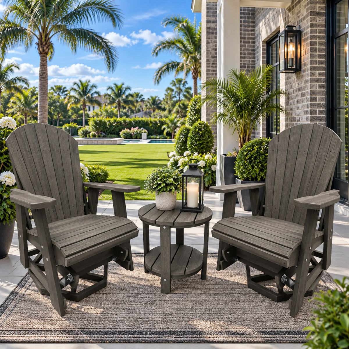 3-Piece Adirondack Swivel Gliders With Two Tier End Table