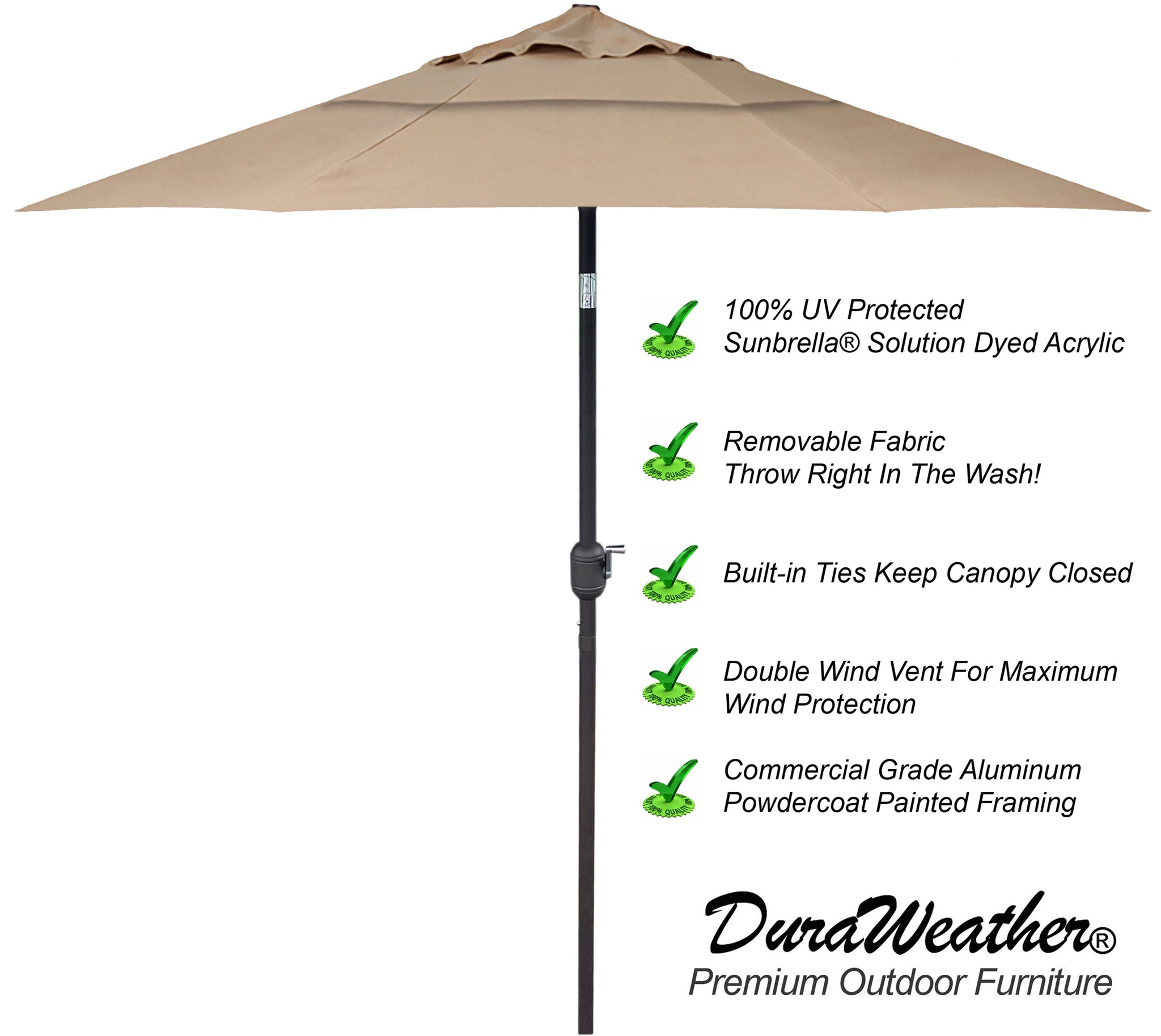 9'ft Patio Umbrella Push Button Tilt Sunbrella® Double Wind Vents 9'ft Patio Umbrella Push Button Tilt Sunbrella® Double Wind Vents