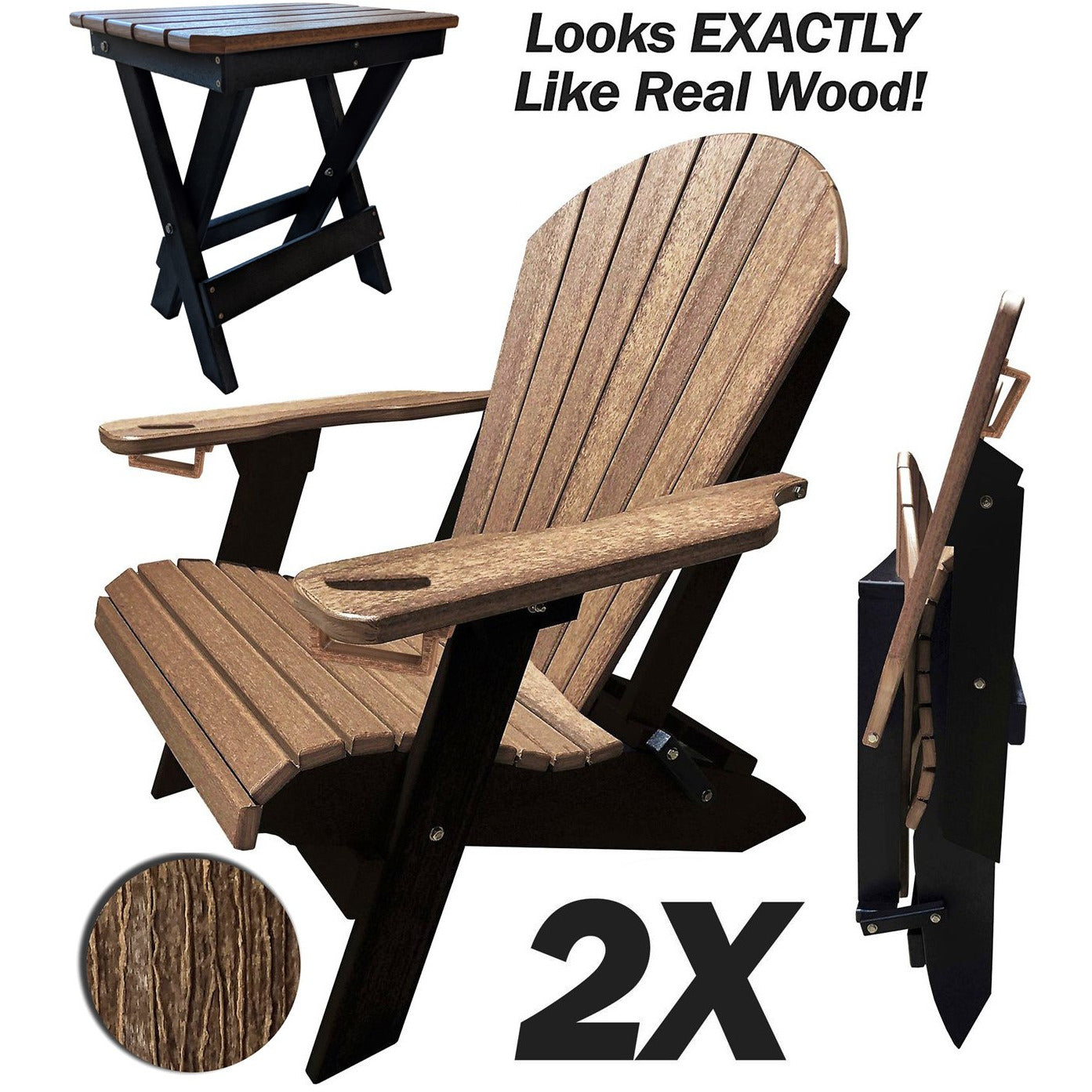 Set of 2 - Unwind Edition King Size Folding Adirondack Chairs With Built In Cupholders + 1 Folding End Table With Removable Tray