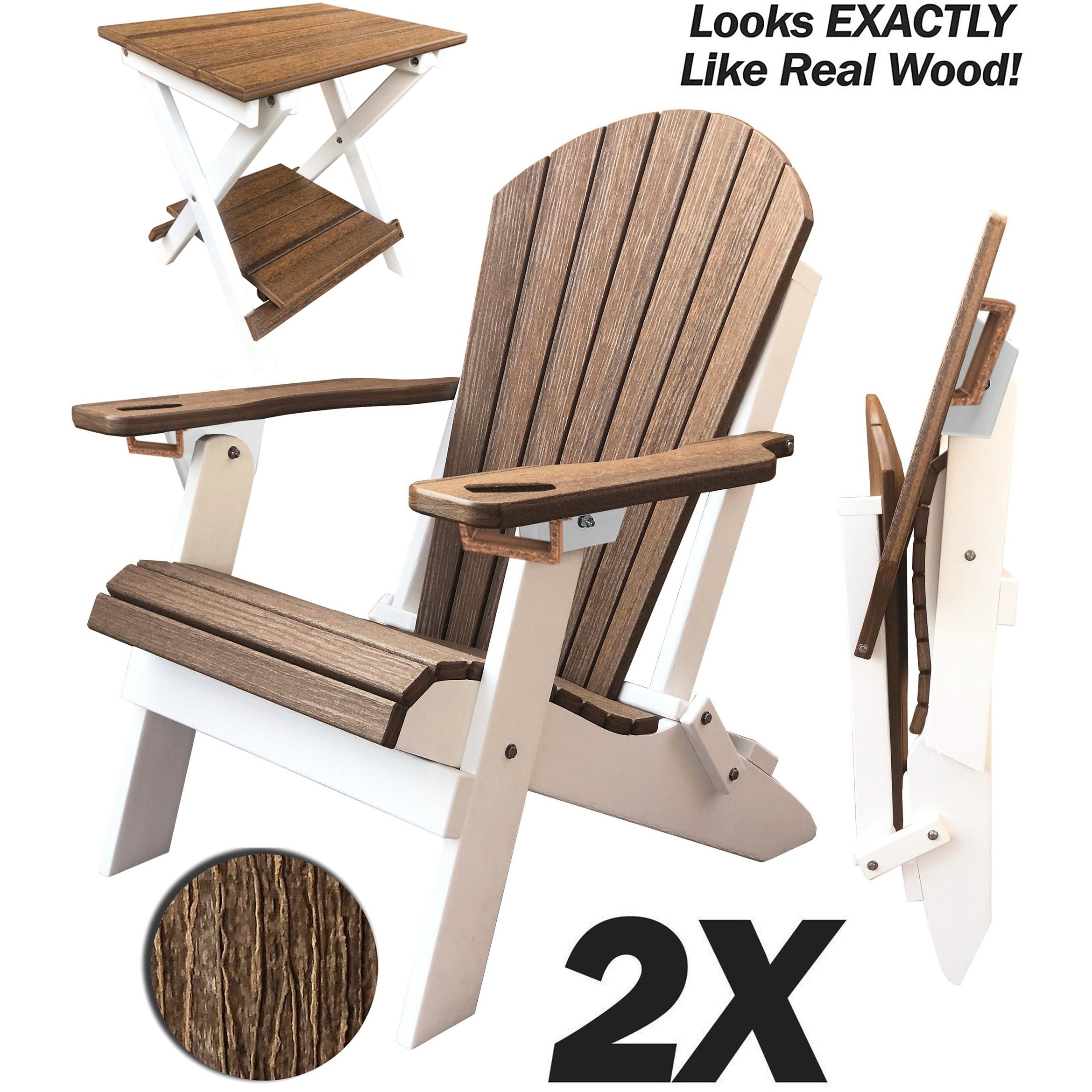 Set of 2 - Unwind Edition King Size Folding Adirondack Chairs With Built In Cupholders + 1 Folding End Table With Removable Tray