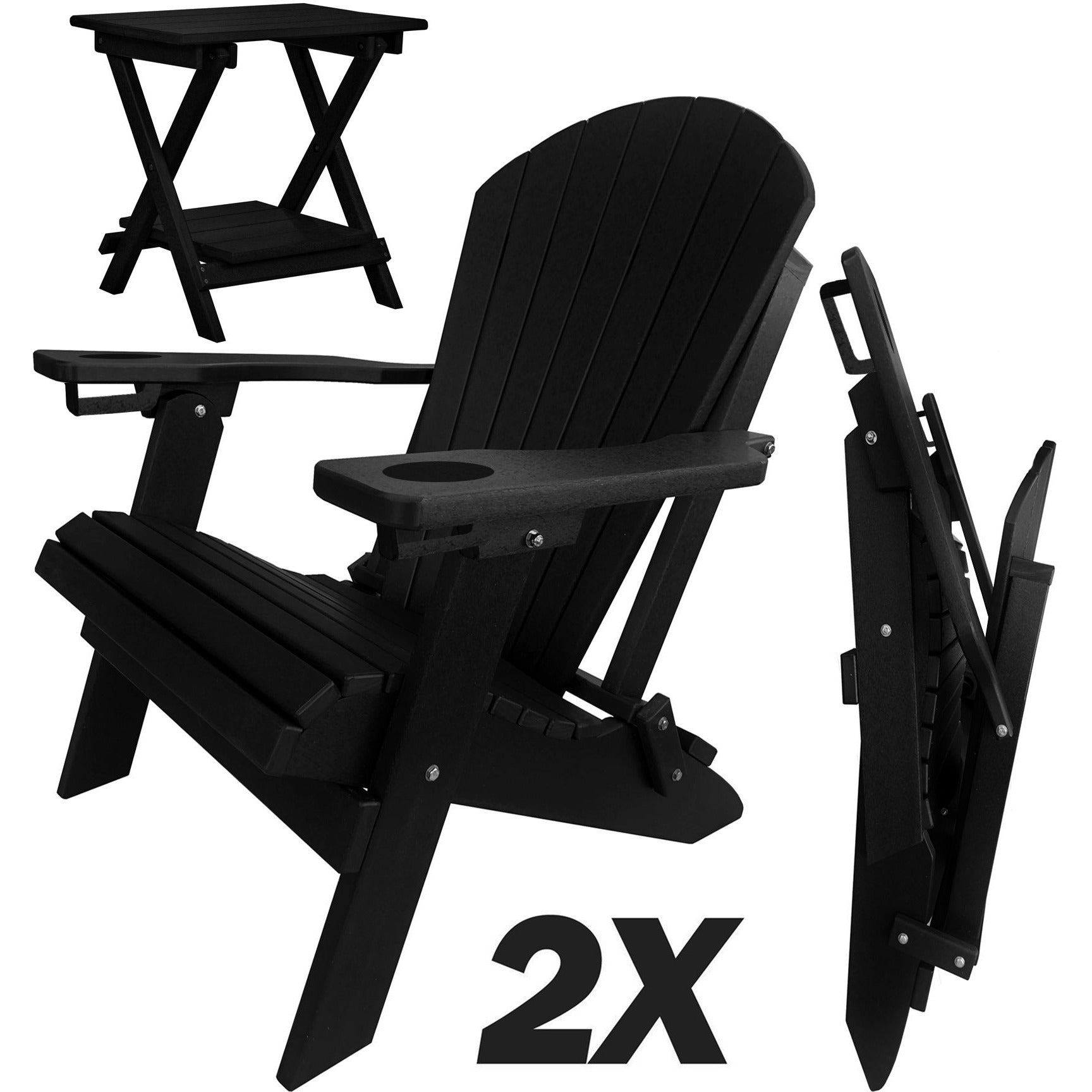 Set of 2 - Unwind Edition King Size Folding Adirondack Chairs With Built In Cupholders + 1 Folding End Table With Removable Tray