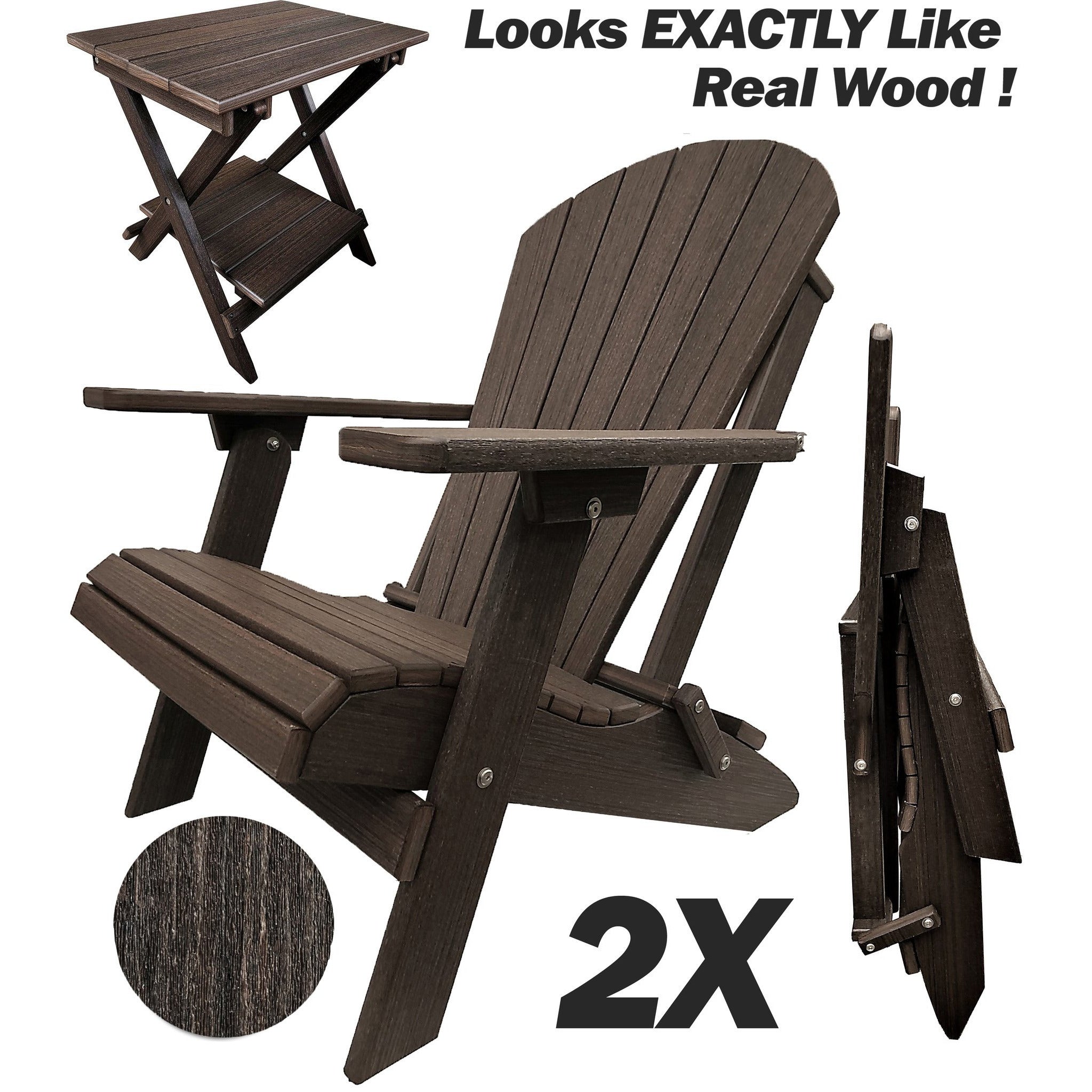 Set of 2 - Unwind Edition King Size Folding Adirondack Chairs With Built In Cupholders + 1 Folding End Table With Removable Tray
