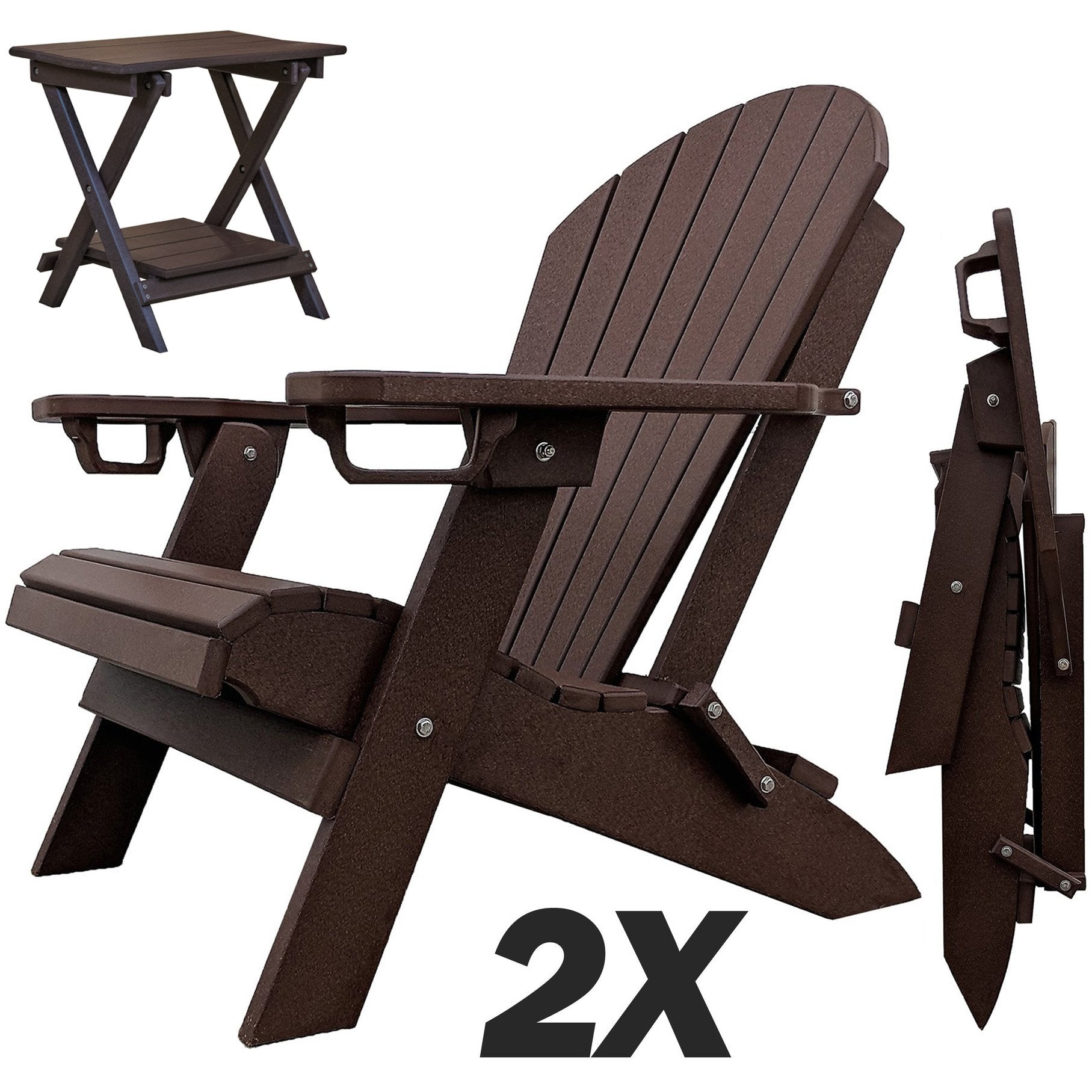 Set of 2 - Unwind Edition King Size Folding Adirondack Chairs With Built In Cupholders + 1 Folding End Table With Removable Tray