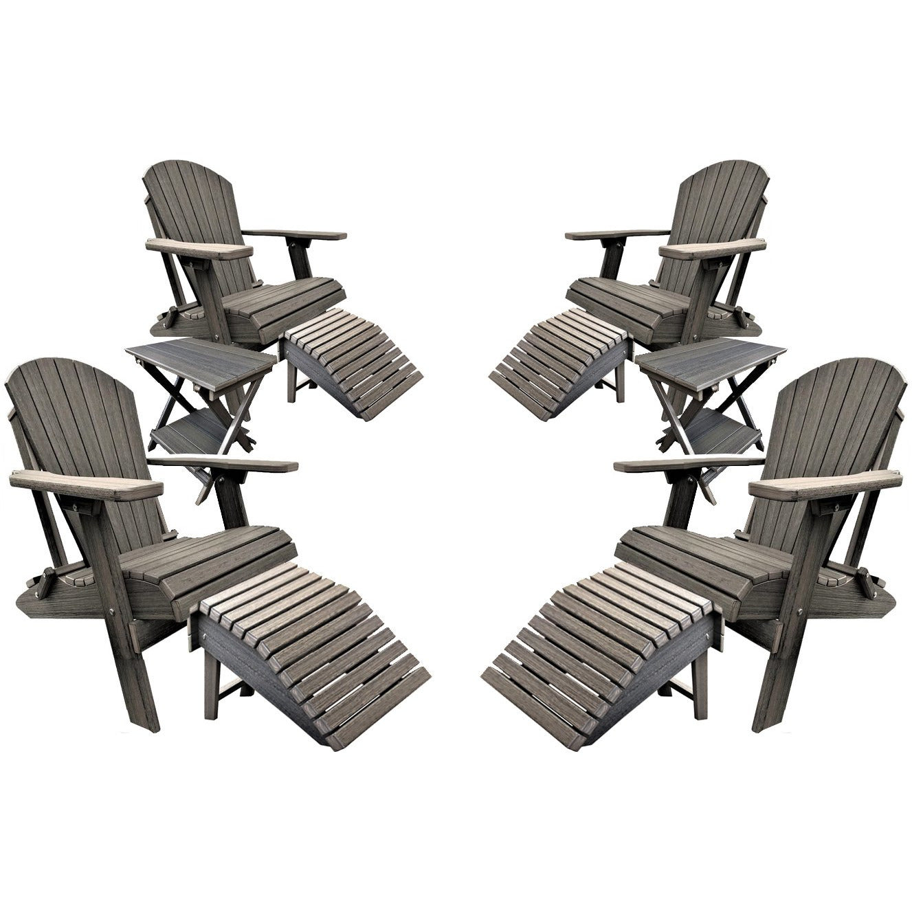 Set of 4 Folding Adirondack Chairs King Size - 4 Folding Ottomans and 2 Folding Side Tables