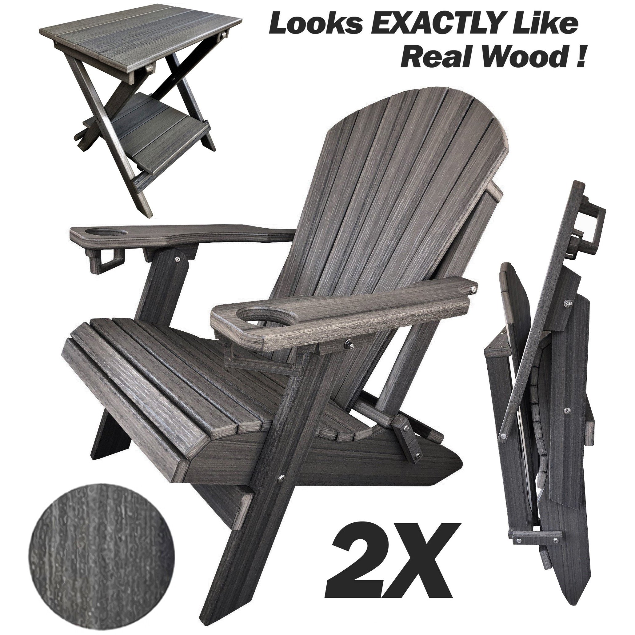 Set of 2 - Unwind Edition King Size Folding Adirondack Chairs With Built In Cupholders + 1 Folding End Table With Removable Tray