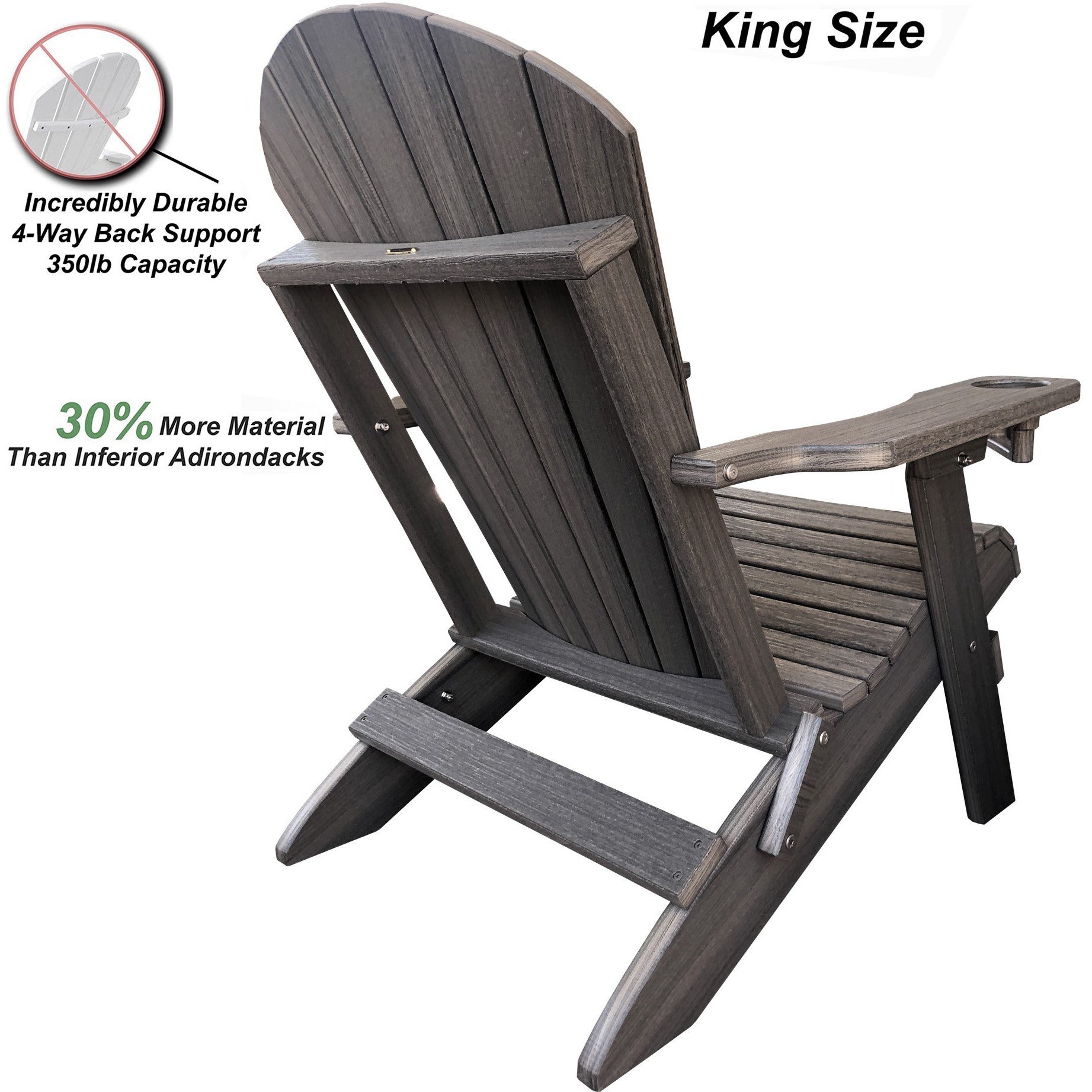 Set of 2 - Unwind Edition King Size Folding Adirondack Chairs With Built In Cupholders + 1 Folding End Table With Removable Tray