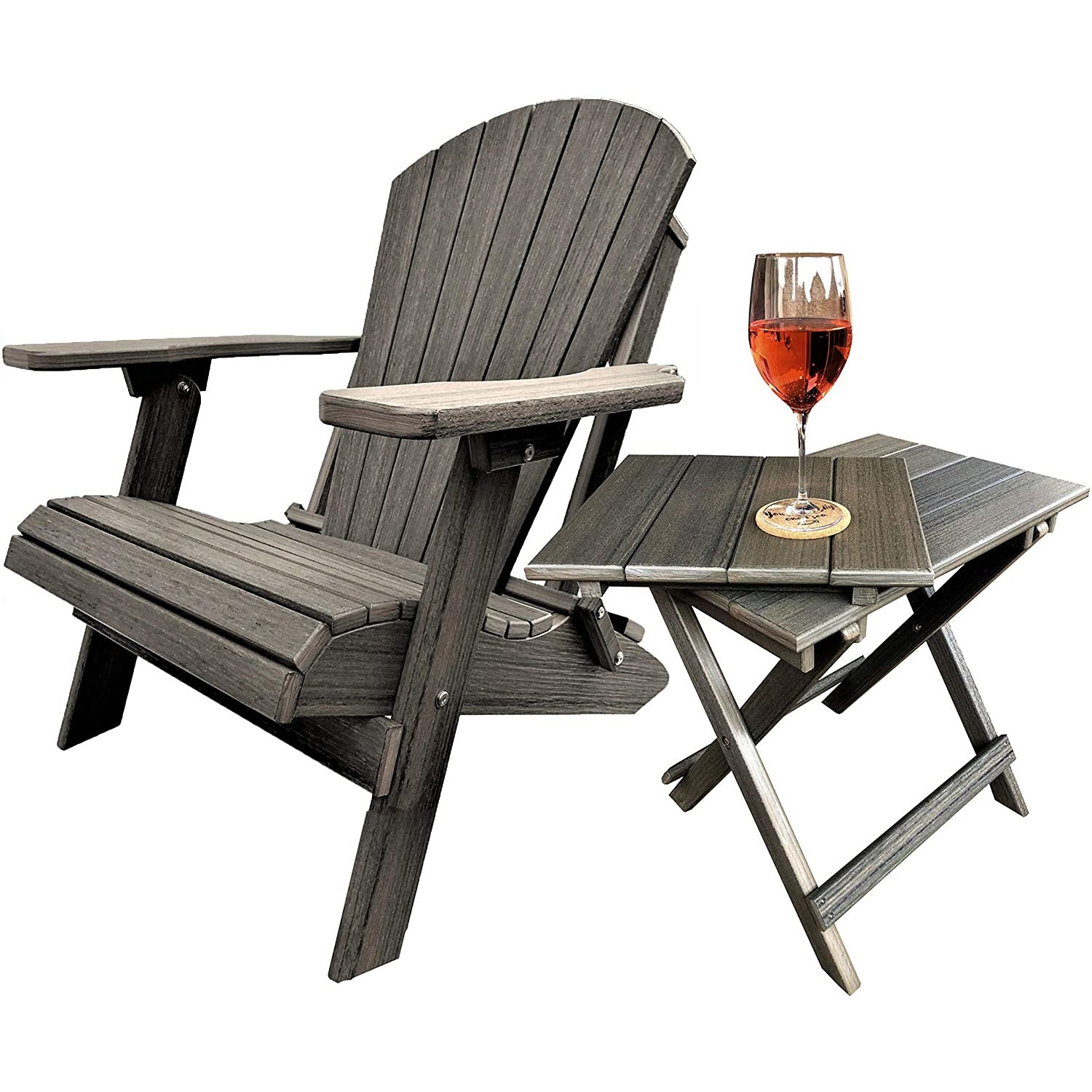 Set of 2 Folding Adirondack Chairs King Size + 1 Folding Side Table With Removable Tray