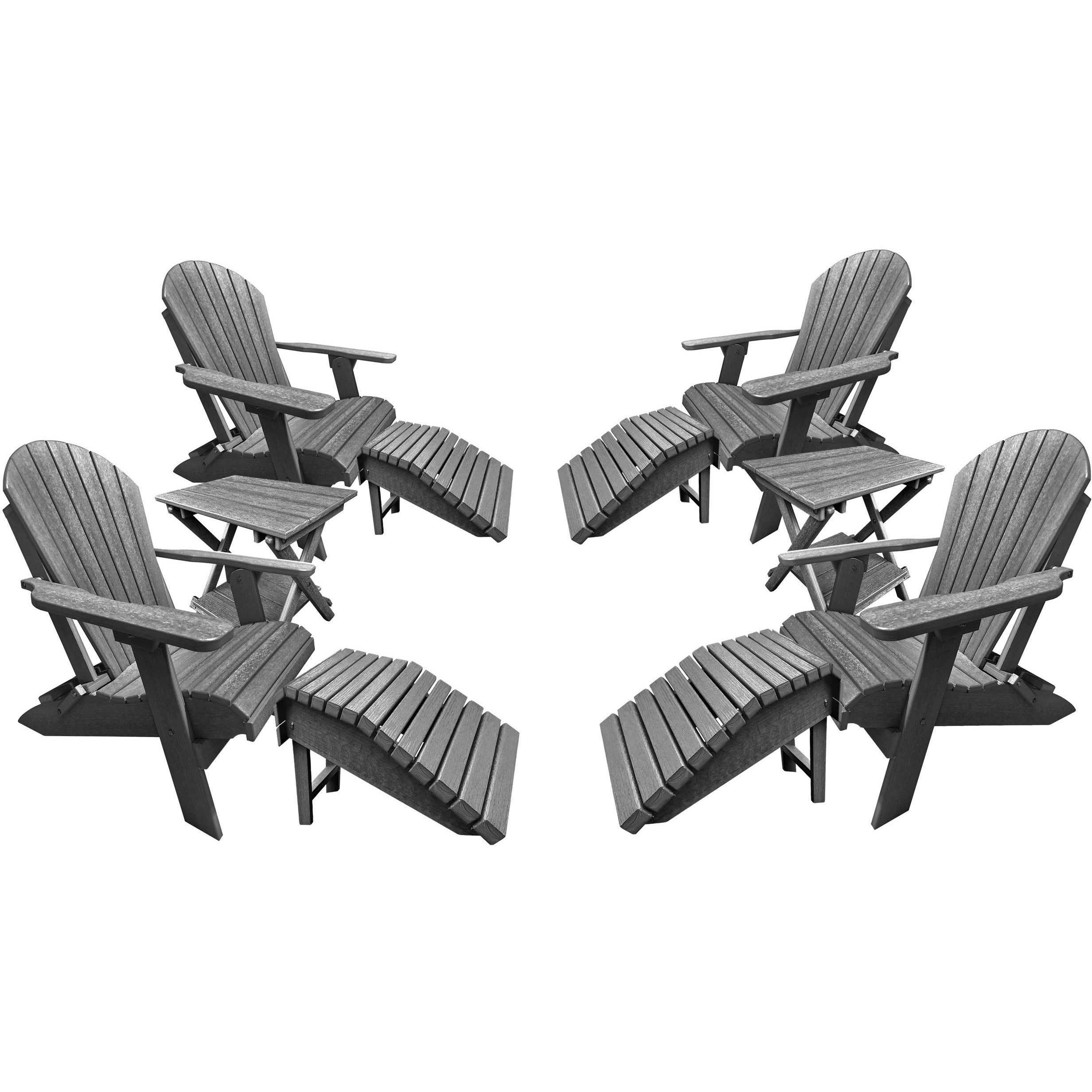 Set of 4 Folding Adirondack Chairs King Size - 4 Folding Ottomans and 2 Folding Side Tables