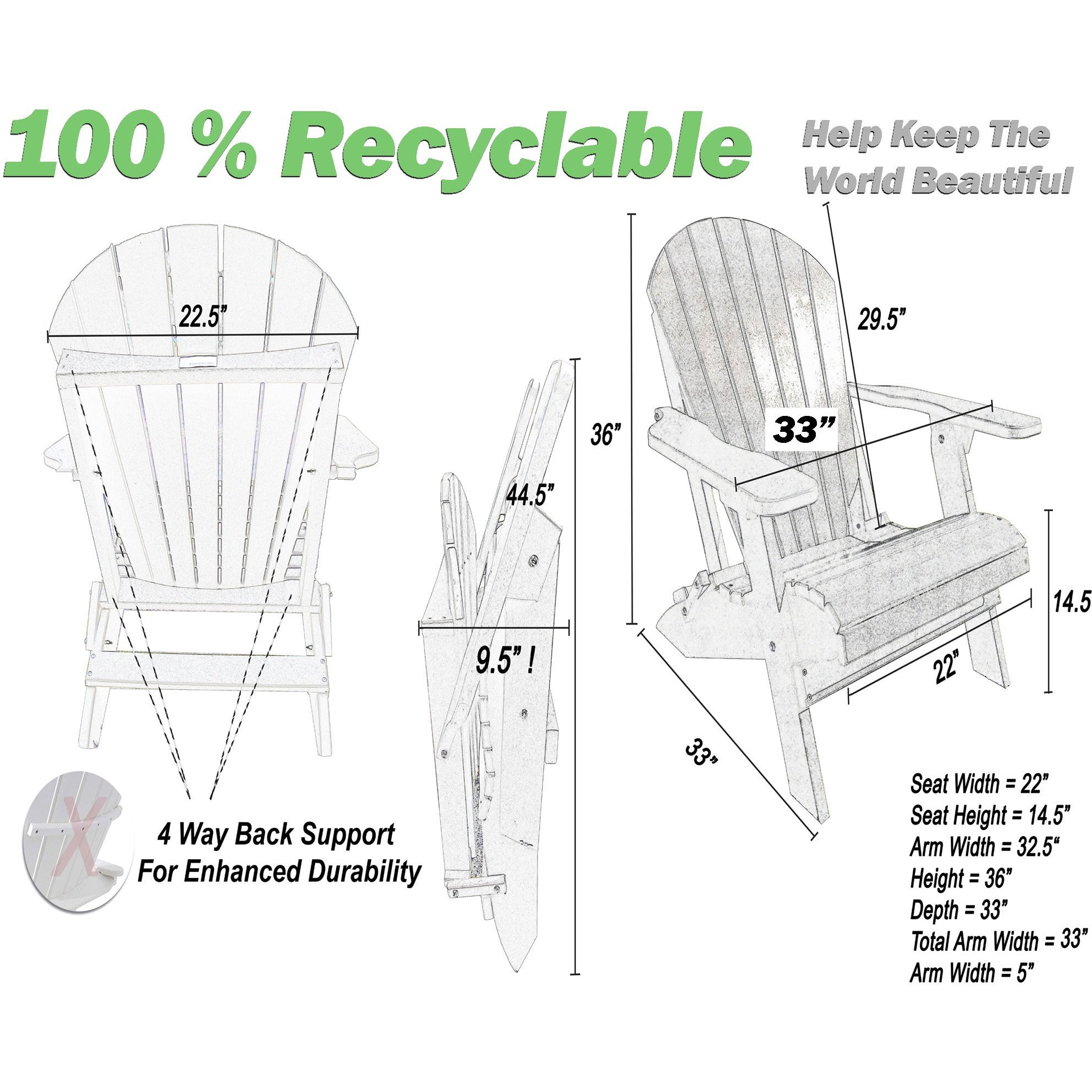 Set of 2 - Unwind Edition King Size Folding Adirondack Chairs With Built In Cupholders + 1 Folding End Table With Removable Tray