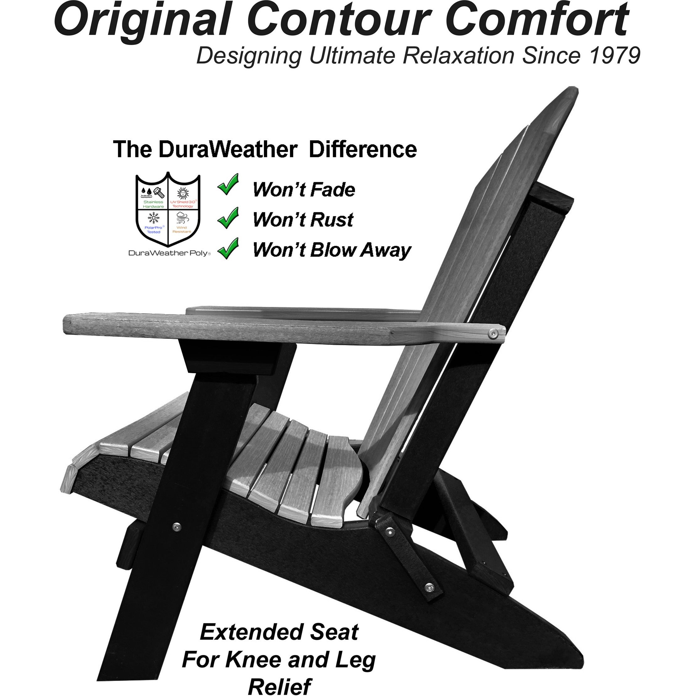 DuraWeather Poly® King Size Folding Adirondack Chair - Exclusive Wood Grain Poly-resin (Driftwood Grey on Black)