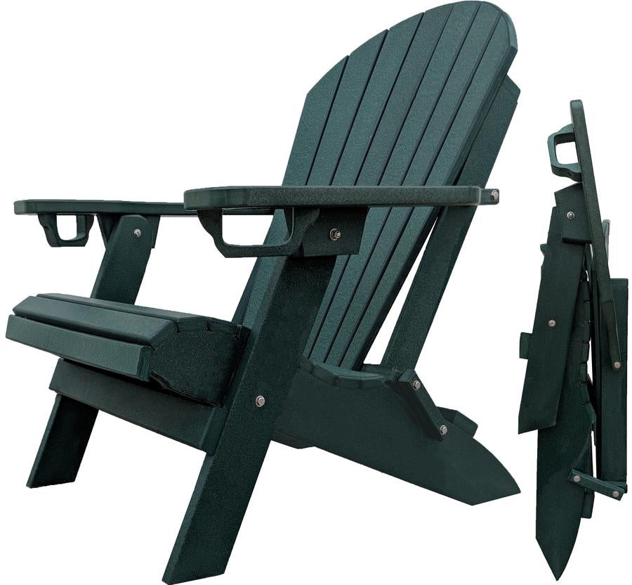 DuraWeather Poly® Premium King Size Folding Adirondack Chair with Built-in Cup Holders - (Natural Forest Green)