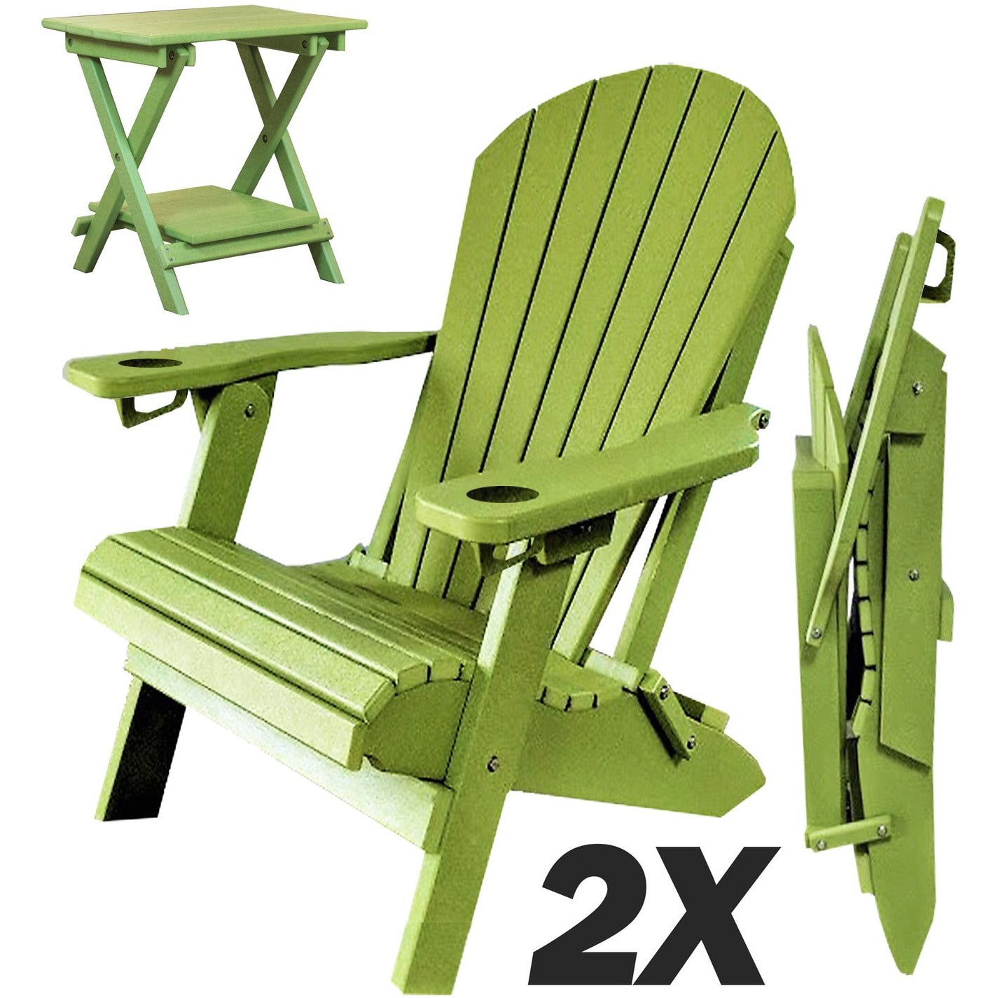 Set of 2 - Unwind Edition King Size Folding Adirondack Chairs With Built In Cupholders + 1 Folding End Table With Removable Tray