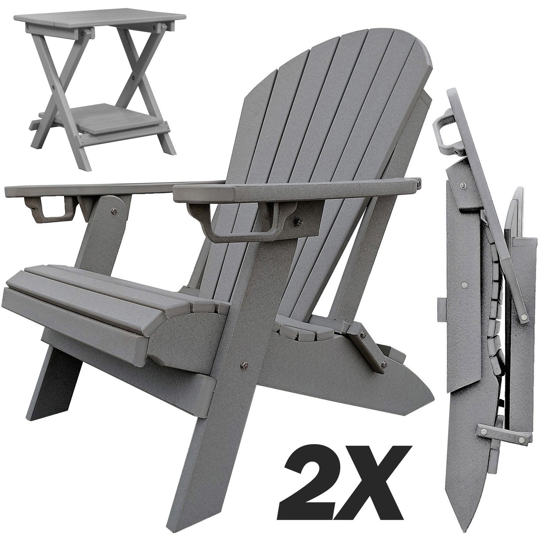 Set of 2 - Unwind Edition King Size Folding Adirondack Chairs With Built In Cupholders + 1 Folding End Table With Removable Tray