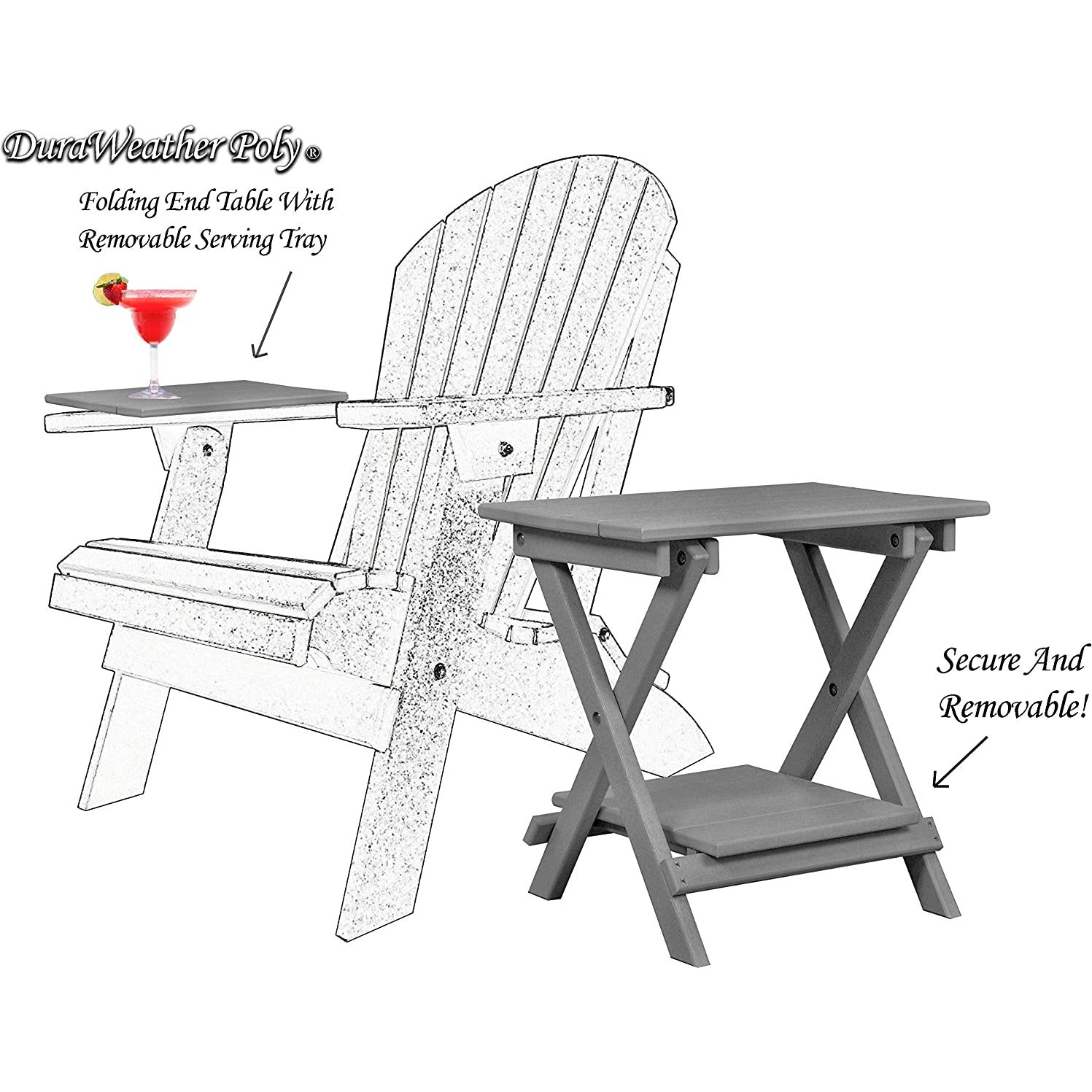 DURAWEATHER POLY® Set of 2 Folding Adirondack Chairs King Size + 1 Folding Side Table With Removable Tray
