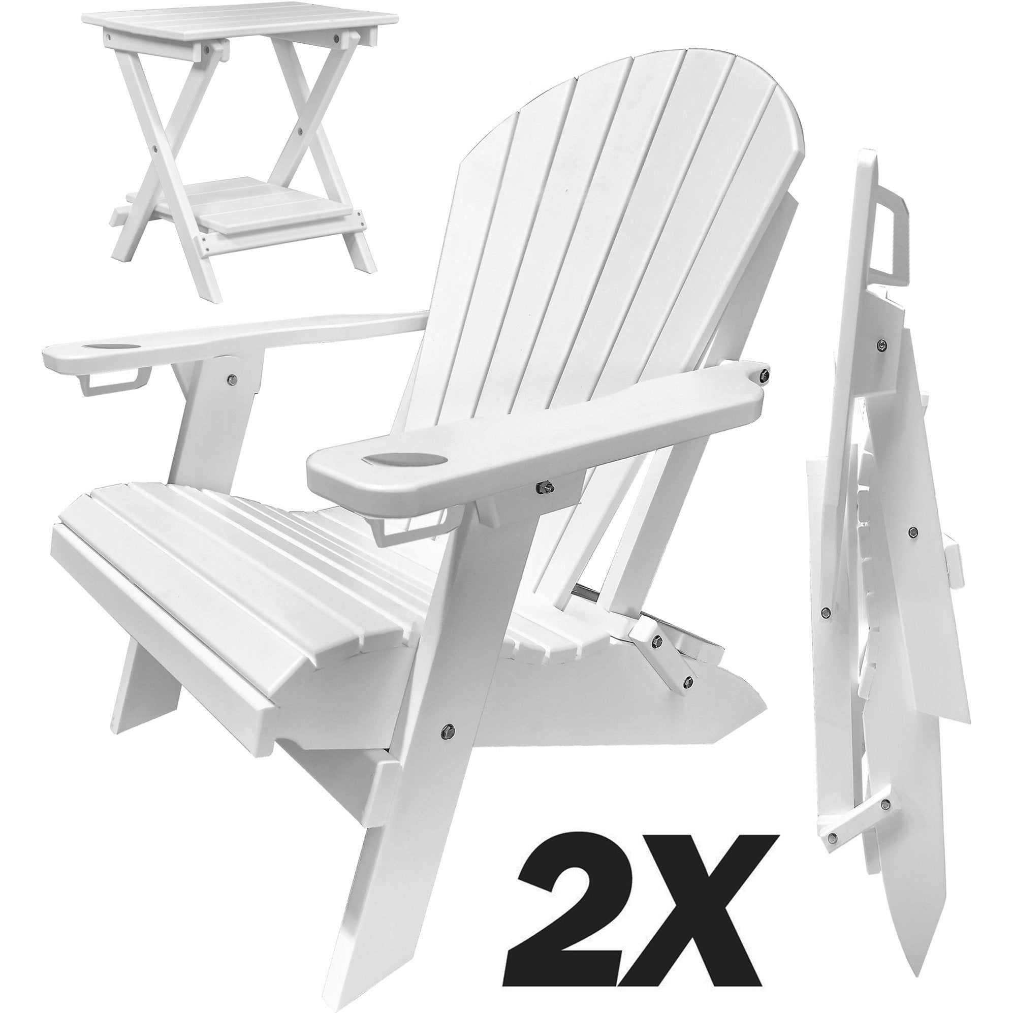 Set of 2 - Unwind Edition King Size Folding Adirondack Chairs With Built In Cupholders + 1 Folding End Table With Removable Tray
