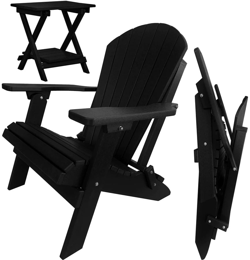 Set of 2 Folding Adirondack Chairs King Size + 1 Folding Side Table With Removable Tray