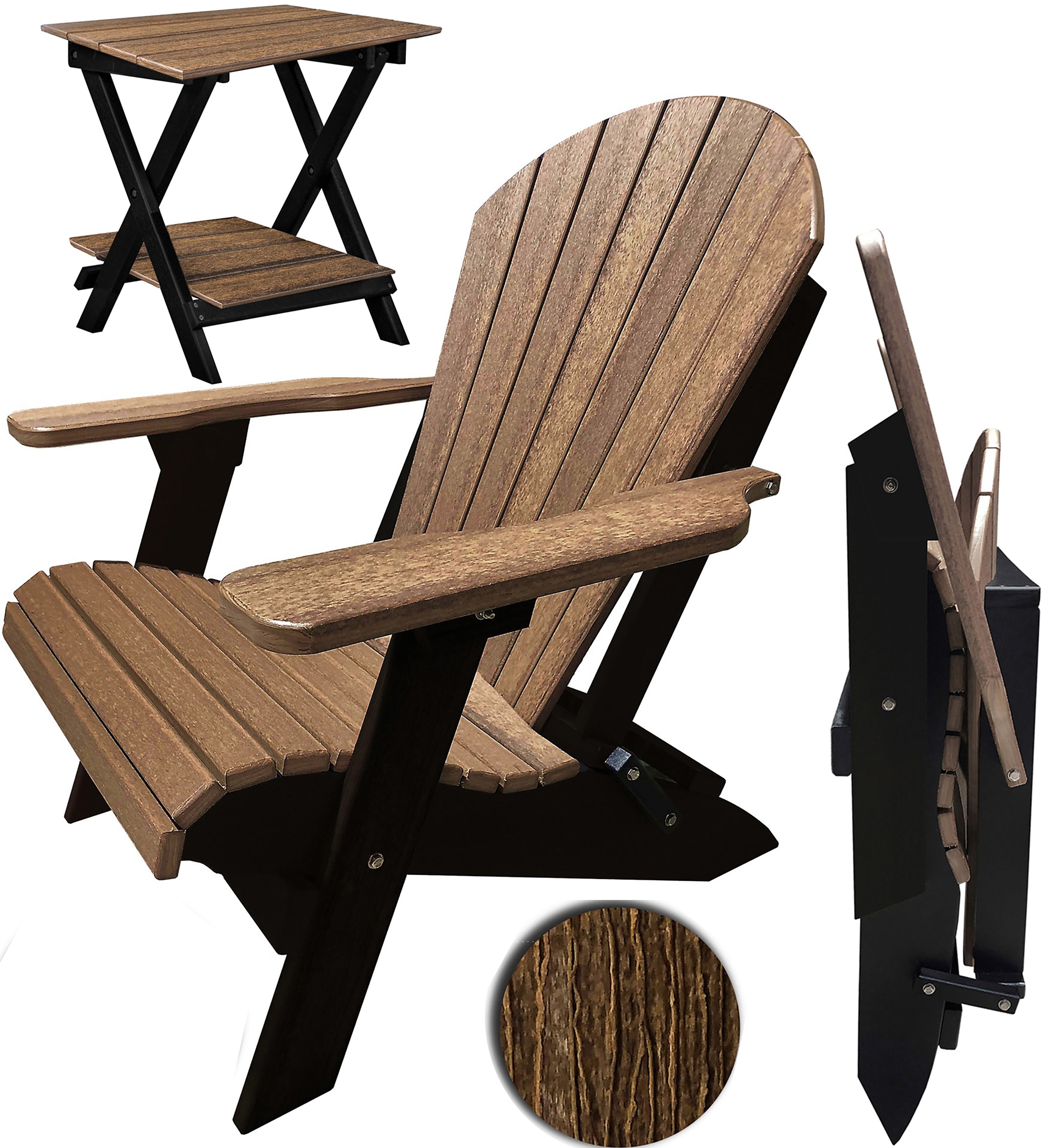 Set of 2 Folding Adirondack Chairs King Size + 1 Folding Side Table With Removable Tray