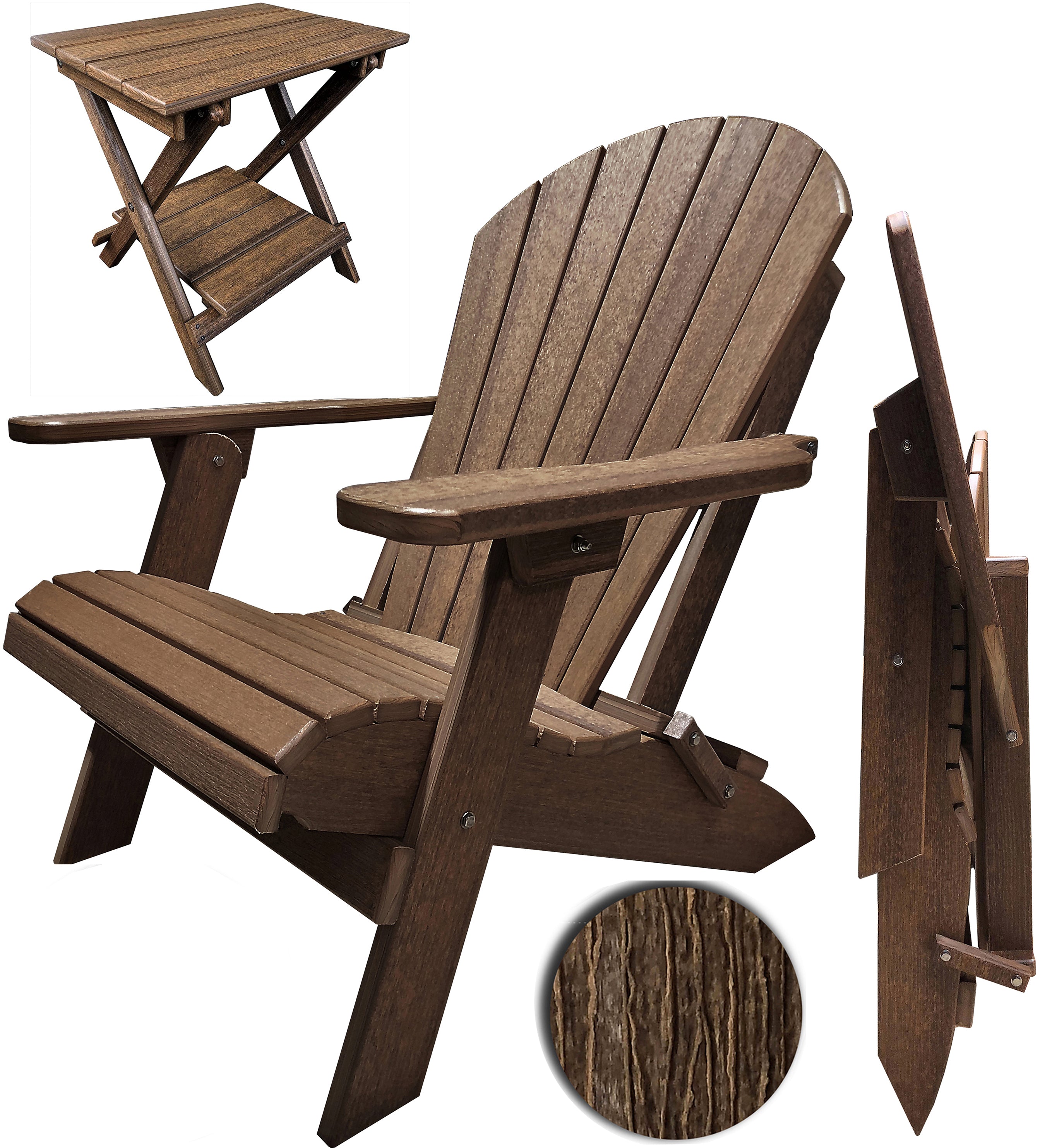 Set of 2 Folding Adirondack Chairs King Size + 1 Folding Side Table With Removable Tray