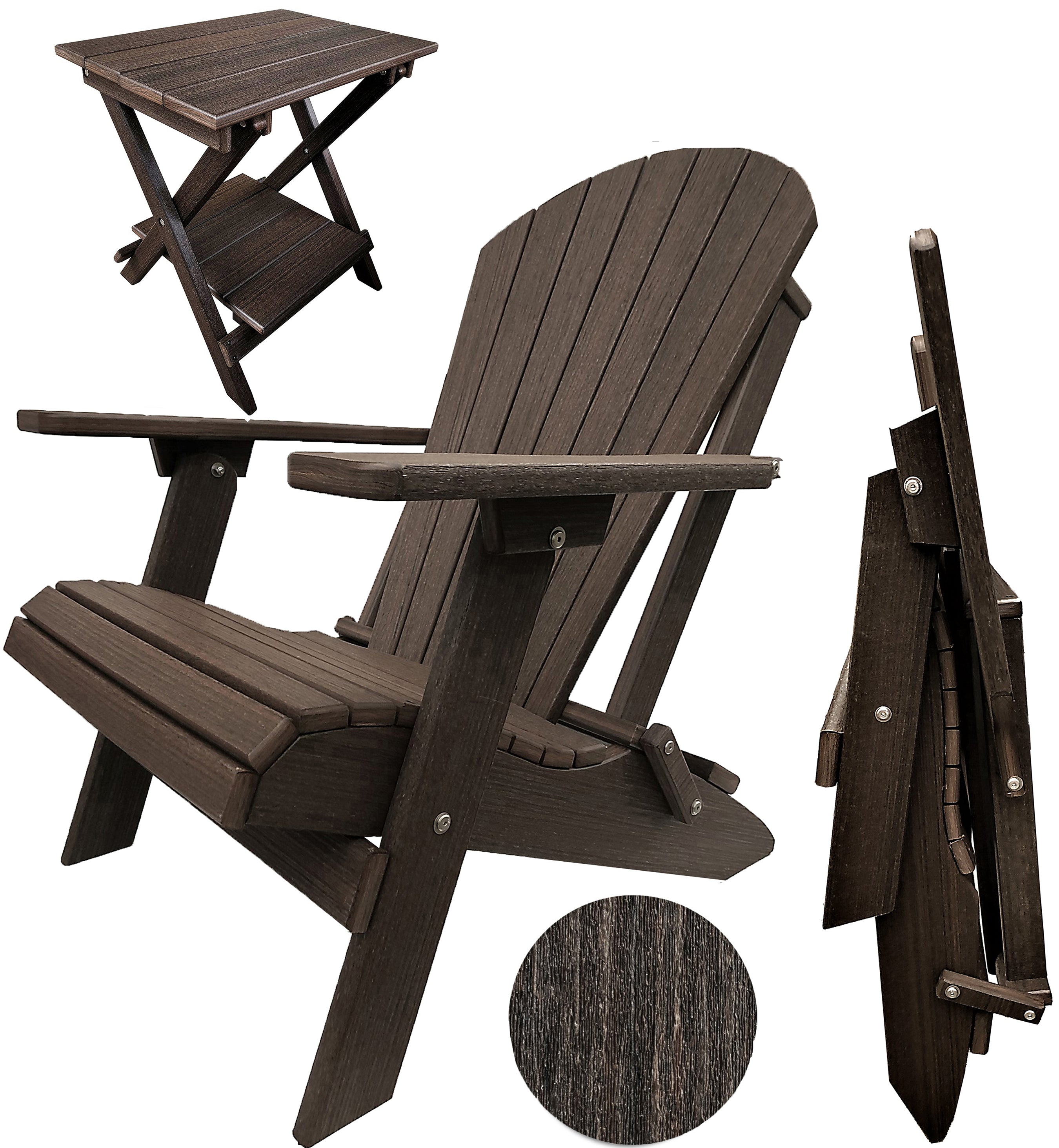 Set of 2 Folding Adirondack Chairs King Size + 1 Folding Side Table With Removable Tray