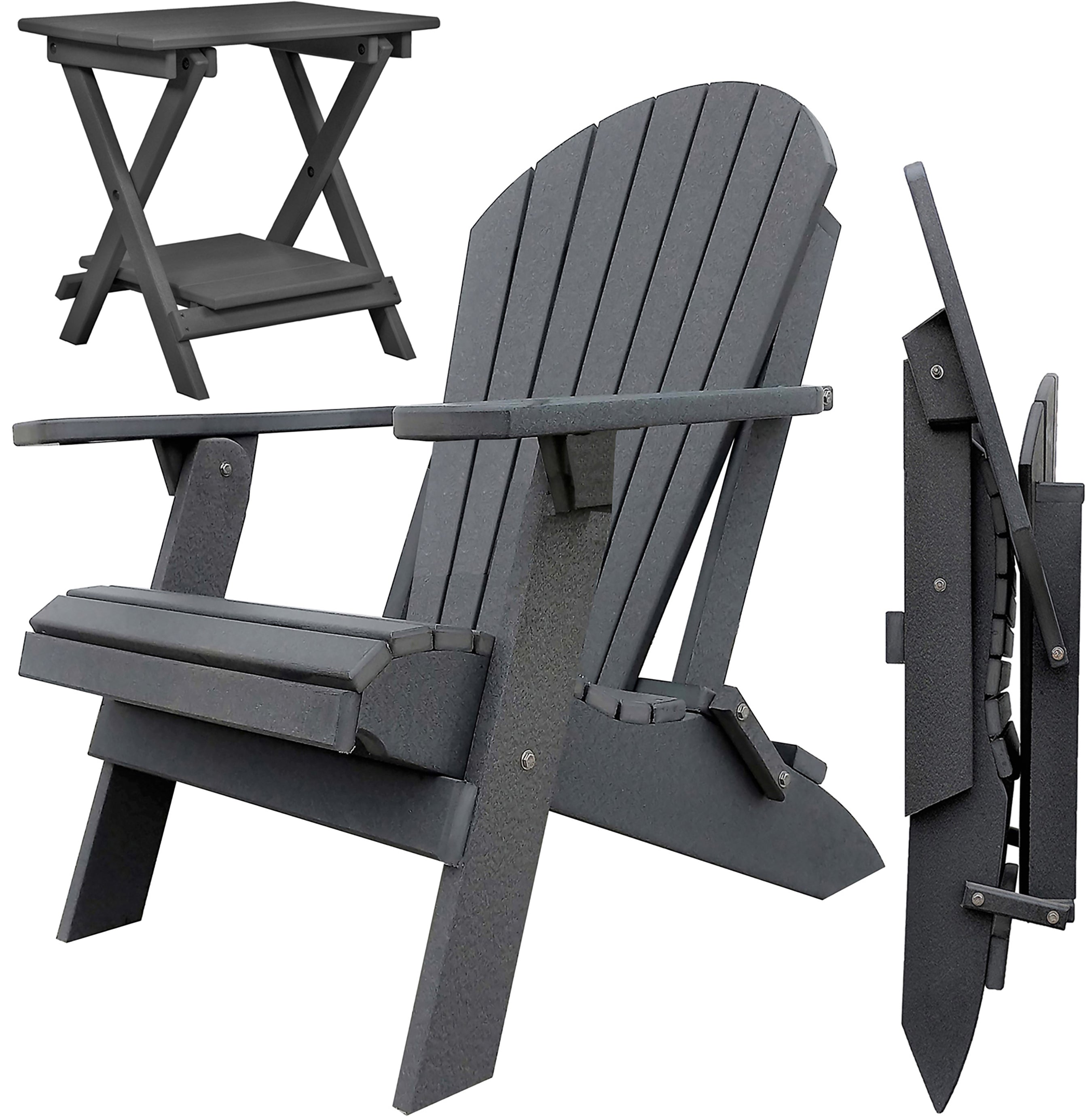 DURAWEATHER POLY® Set of 2 Folding Adirondack Chairs King Size + 1 Folding Side Table With Removable Tray