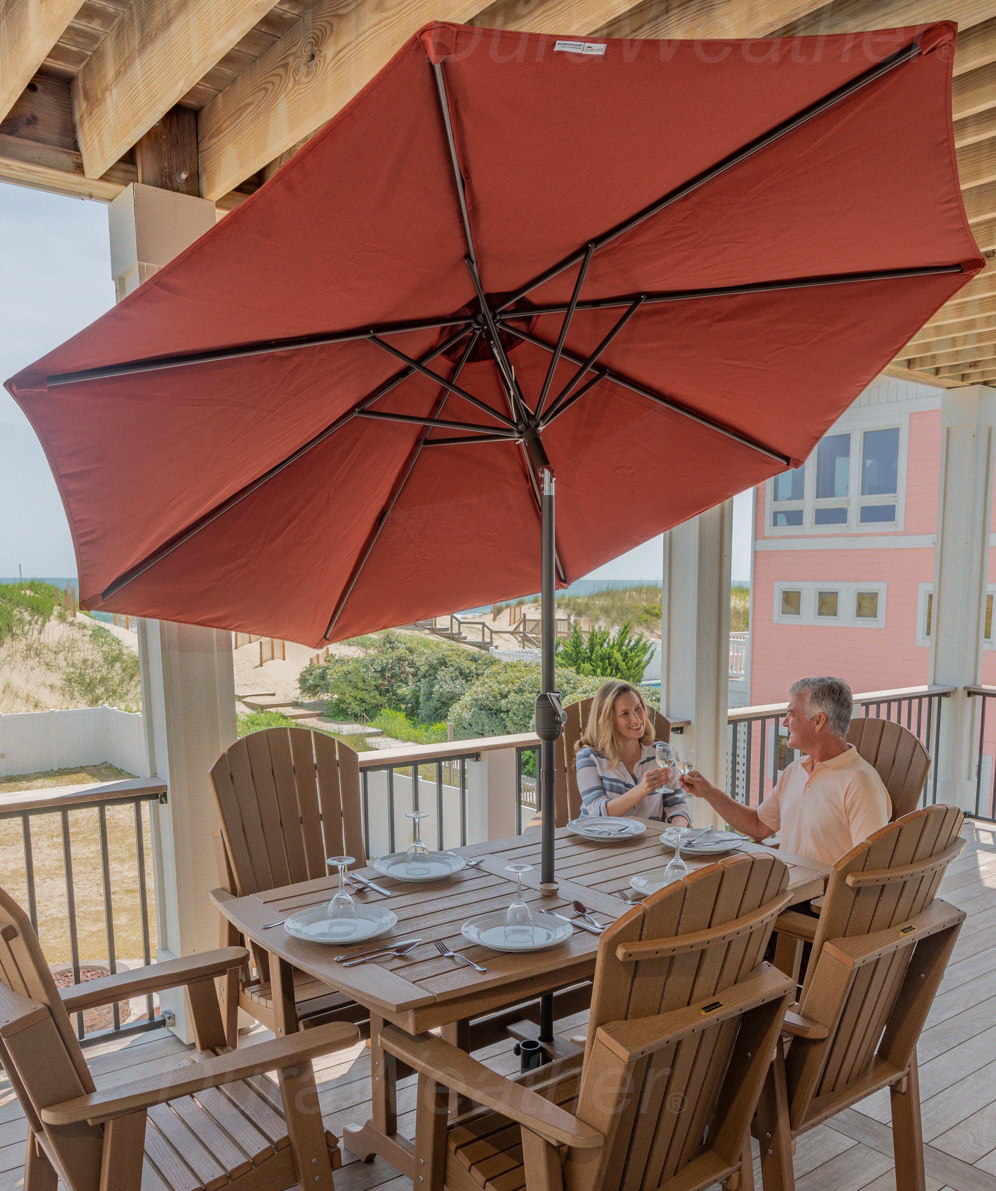 DURAWEATHER POLY® 9'ft Patio Umbrella Push Button Tilt Double Wind Vents Includes Base in Sunbrella Fabrics