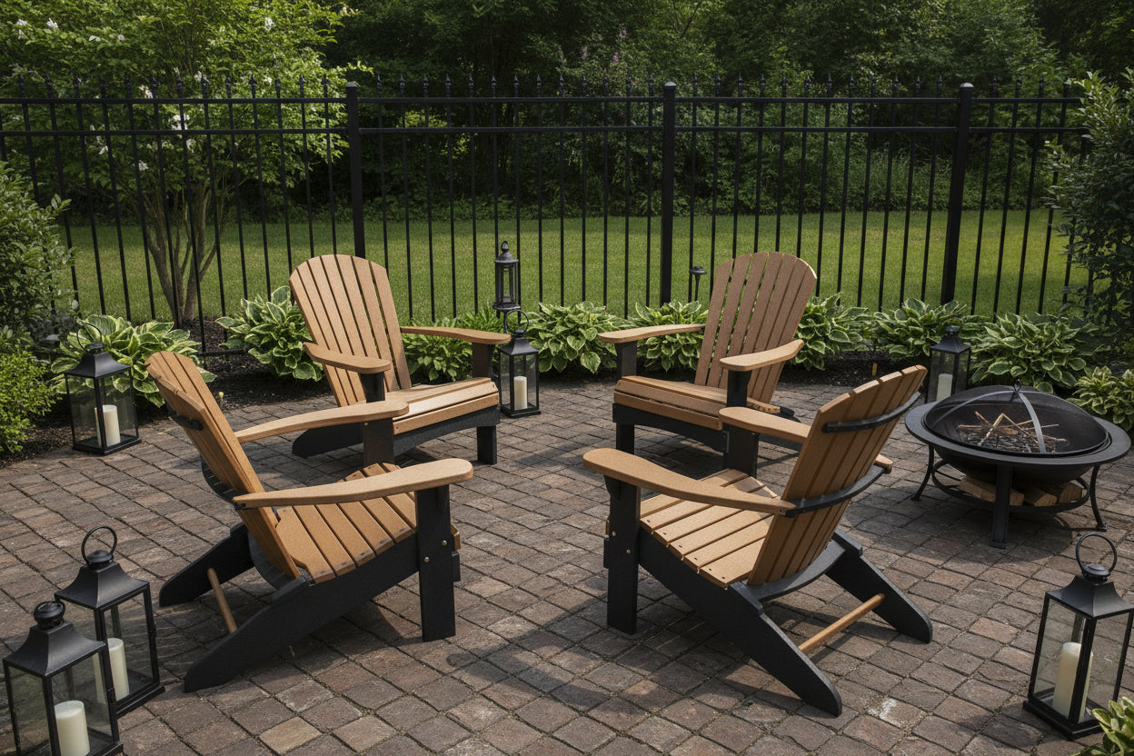 Four wooden Adirondack chairs on a brick patio with a garden in the background