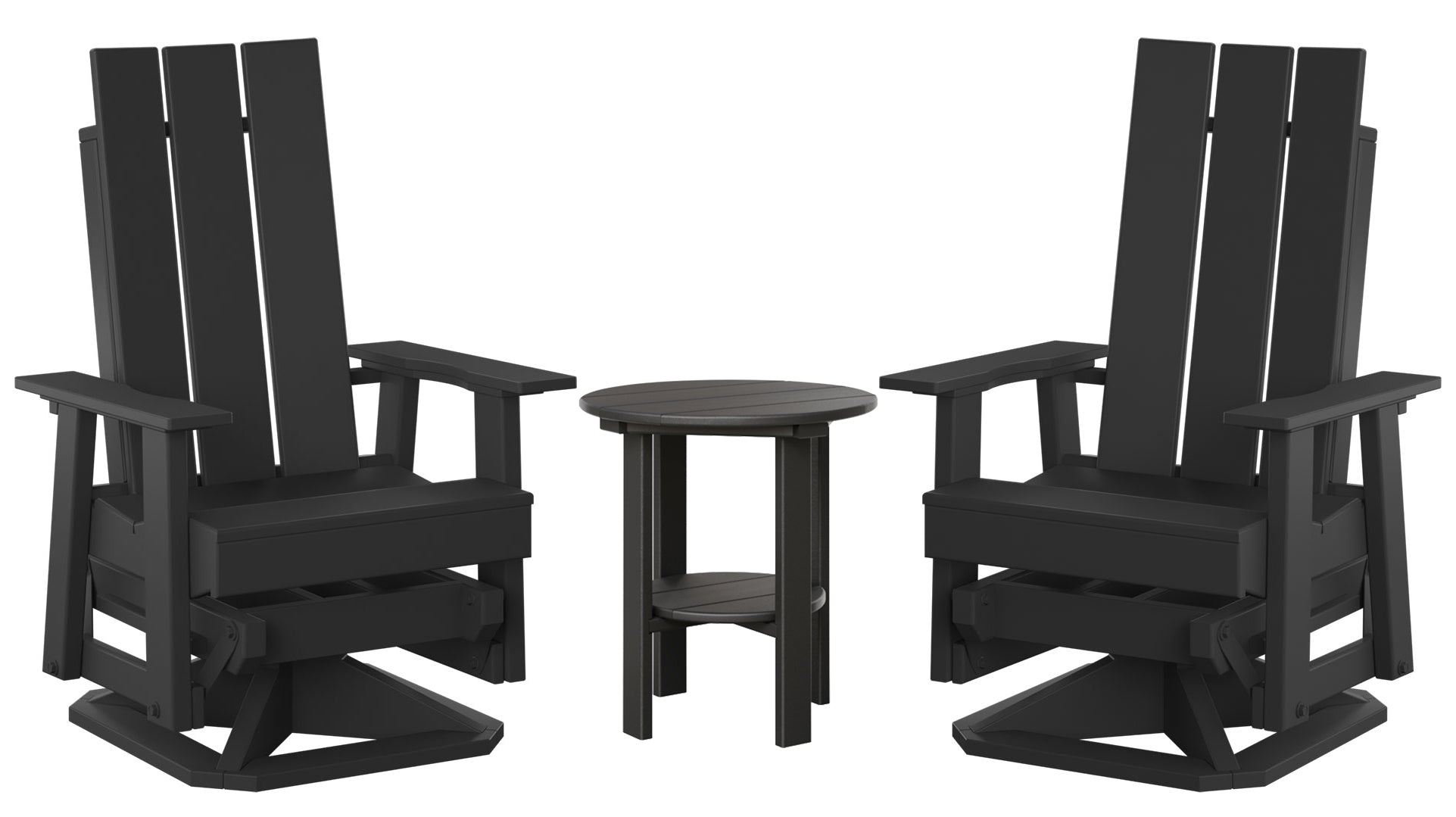Two Modern Swivel Gliders & Two Tier End Table - New