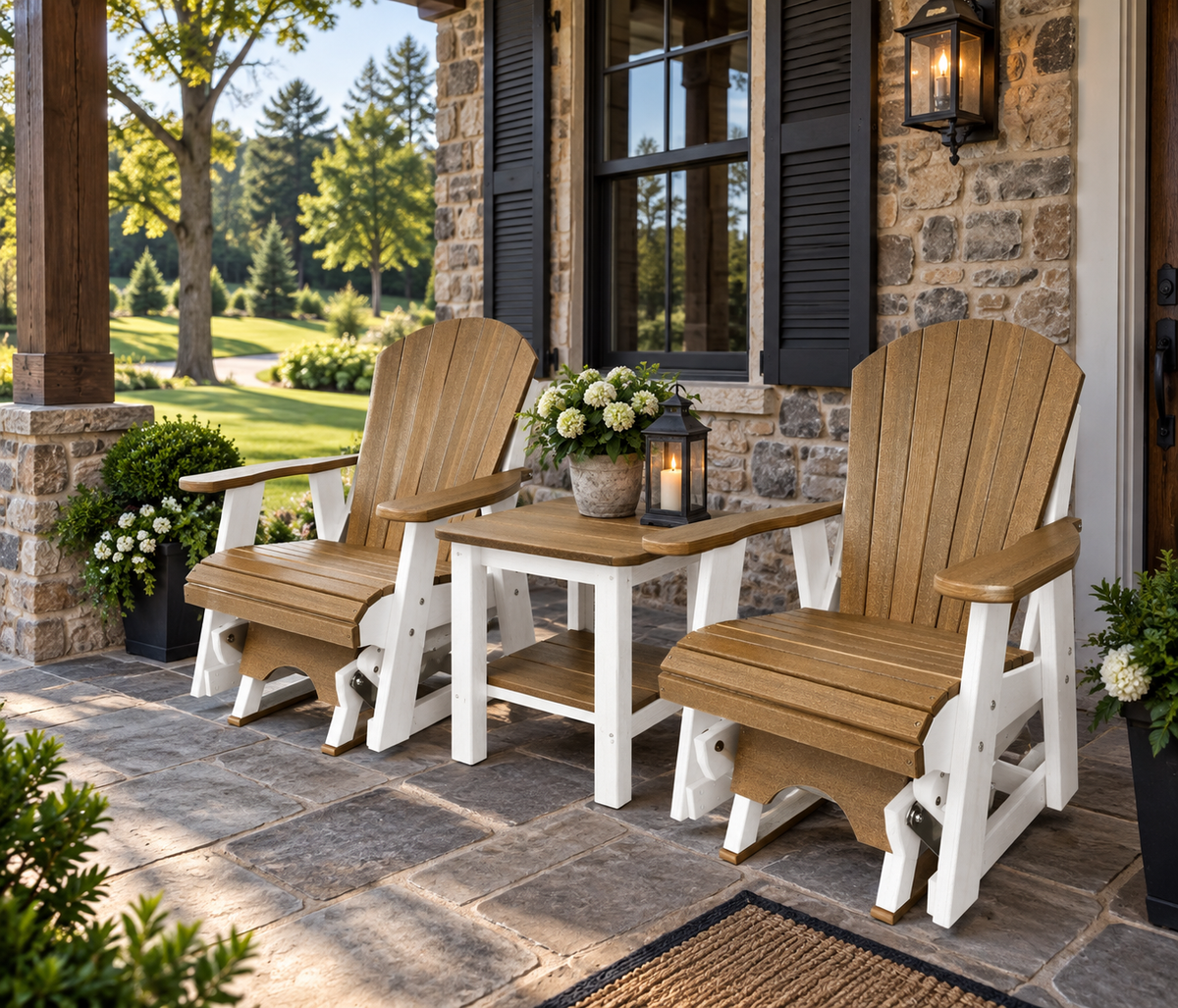 Set of 2 Adirondack Single Gliders With Two Tier End Table