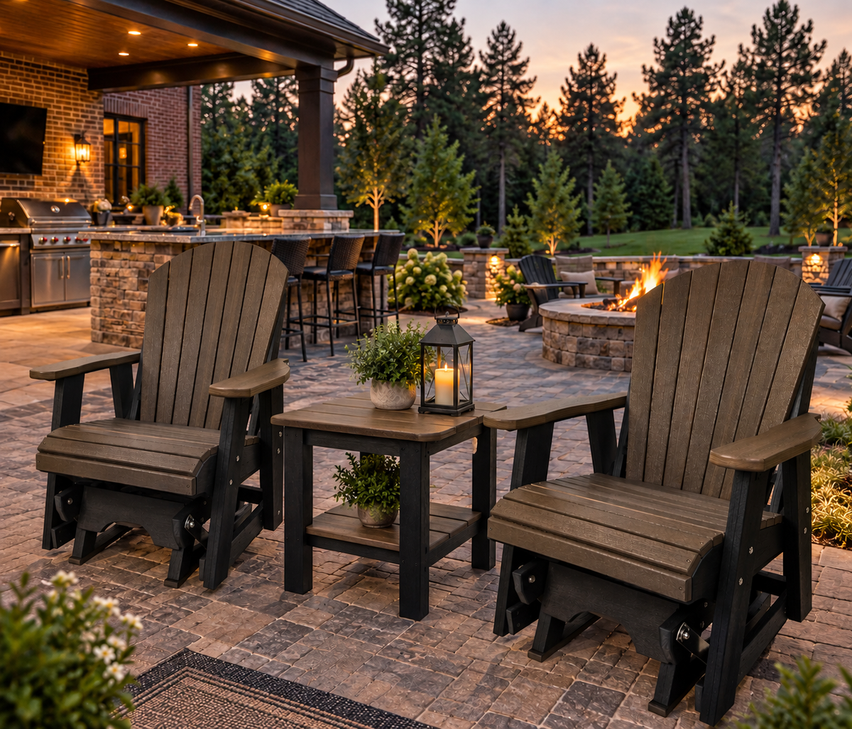 Set of 2 Adirondack Single Gliders With Two Tier End Table