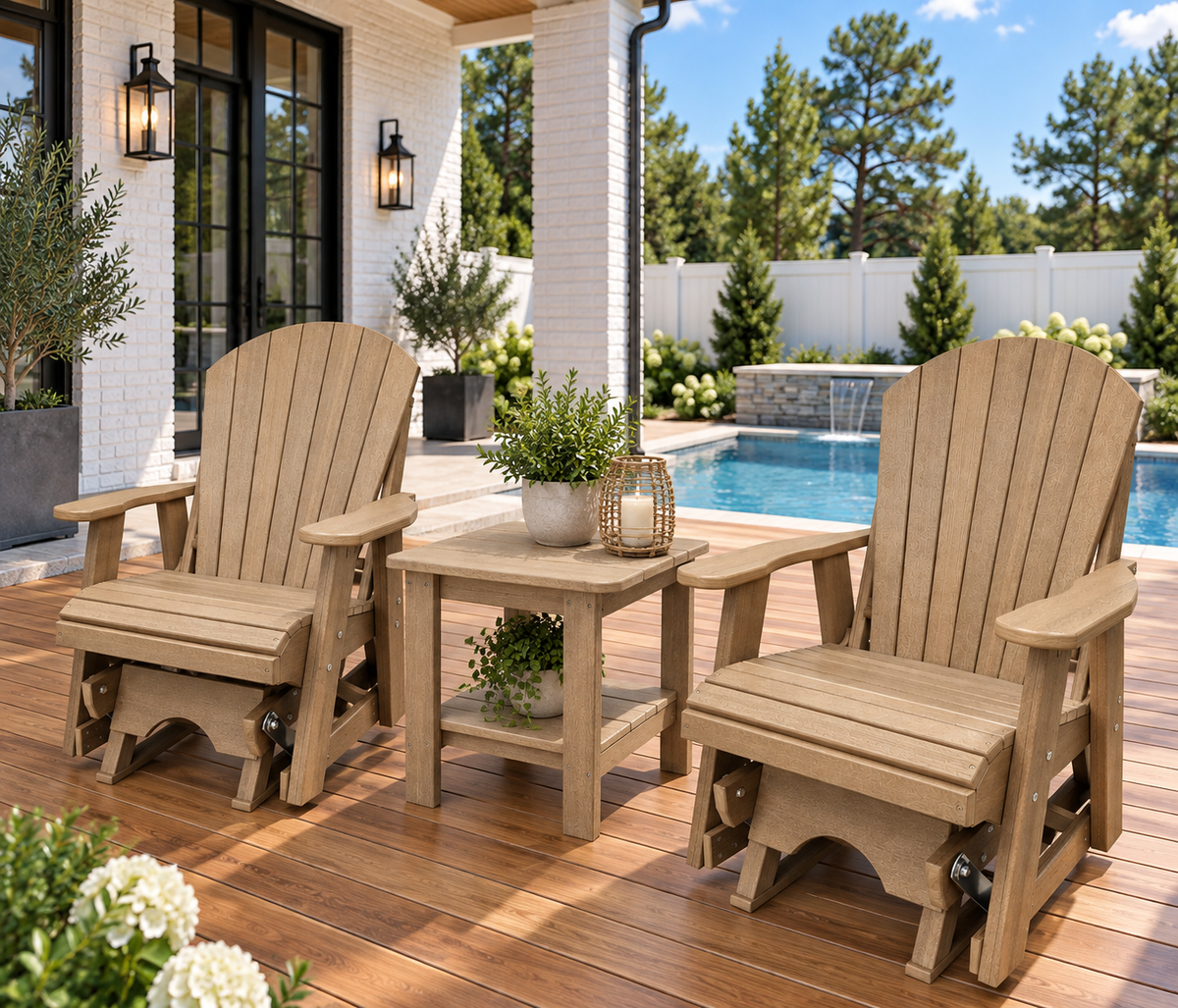 Set of 2 Adirondack Single Gliders With Two Tier End Table