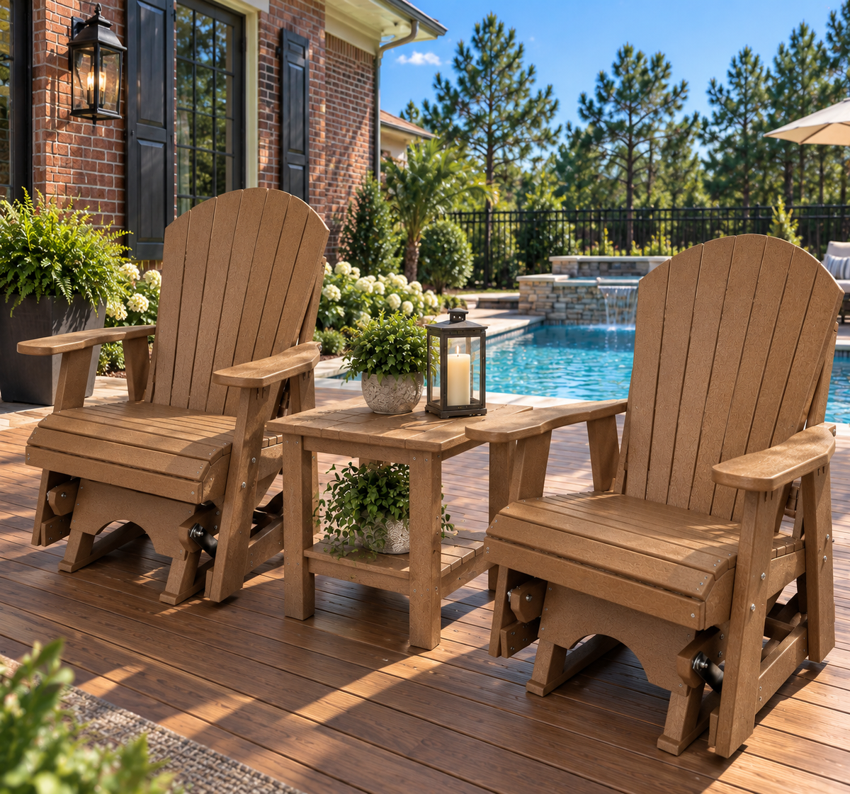 Set of 2 Adirondack Single Gliders With Two Tier End Table