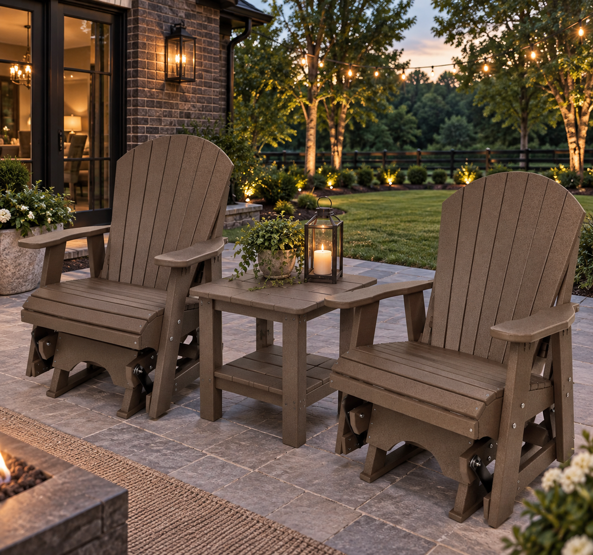Set of 2 Adirondack Single Gliders With Two Tier End Table