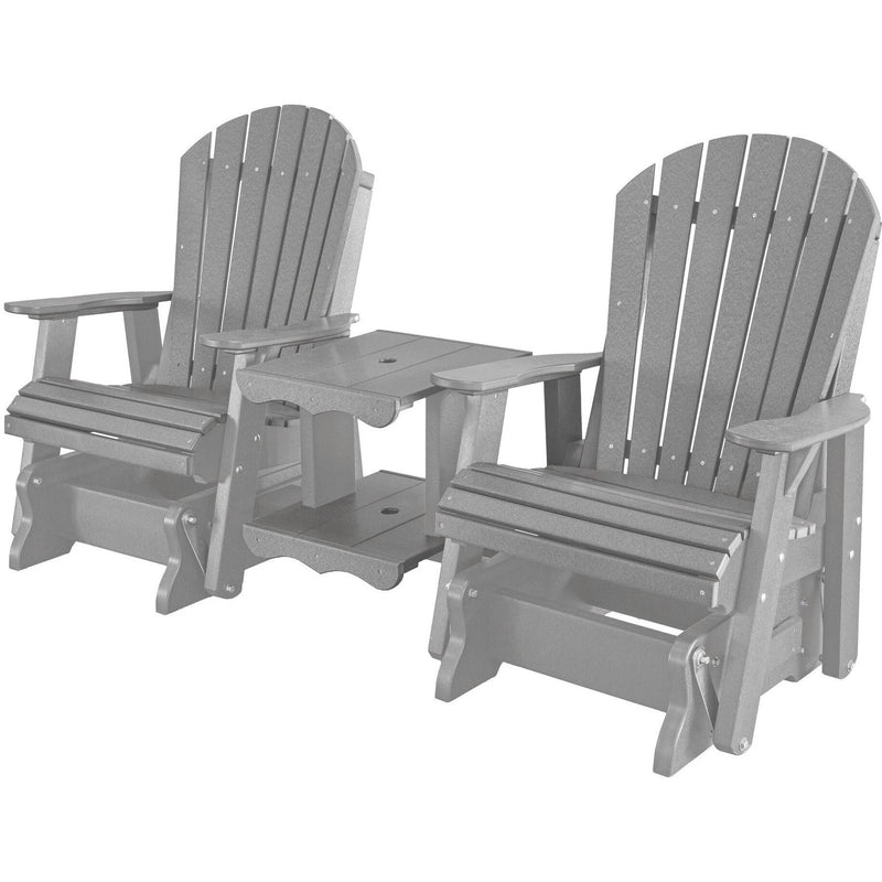 Classic Adirondack Loveseat Glider With Built In Tete-a-Tete Table Top With Umbrella Hole
