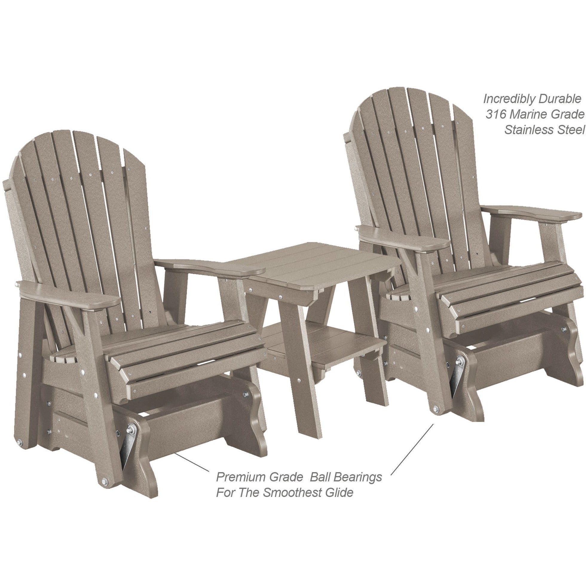 DuraWeather Poly Set of 2 Adirondack Single Gliders With Two Tier End Table