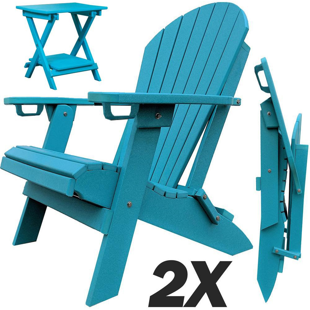 Set of 2 - DuraWeather Poly® Unwind Edition King Size Folding Adirondack Chairs With Built In Cupholders + 1 Folding End Table With Removable Tray