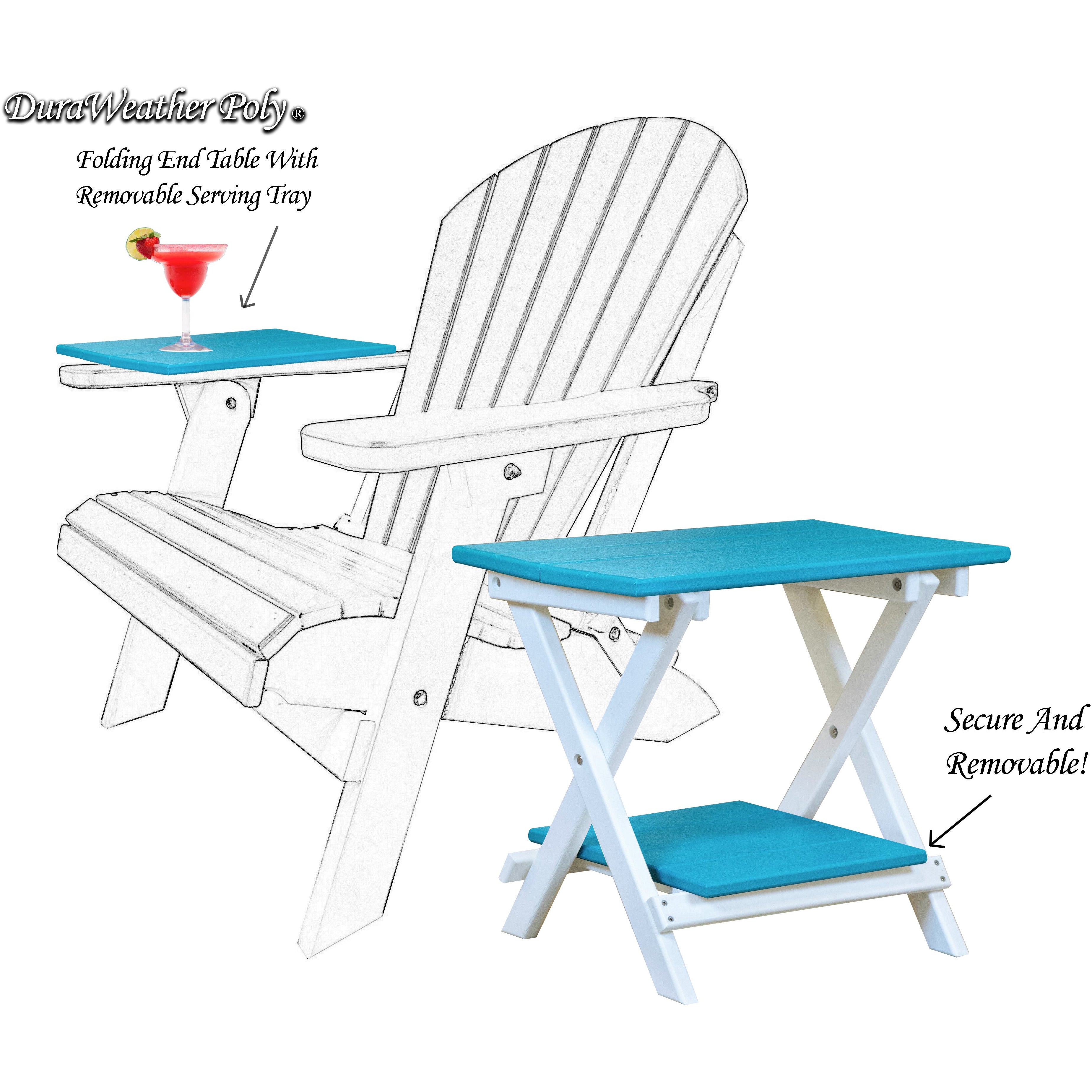 aruba blue on white duraweather folding end table with removeable serving tray all weather poly wood