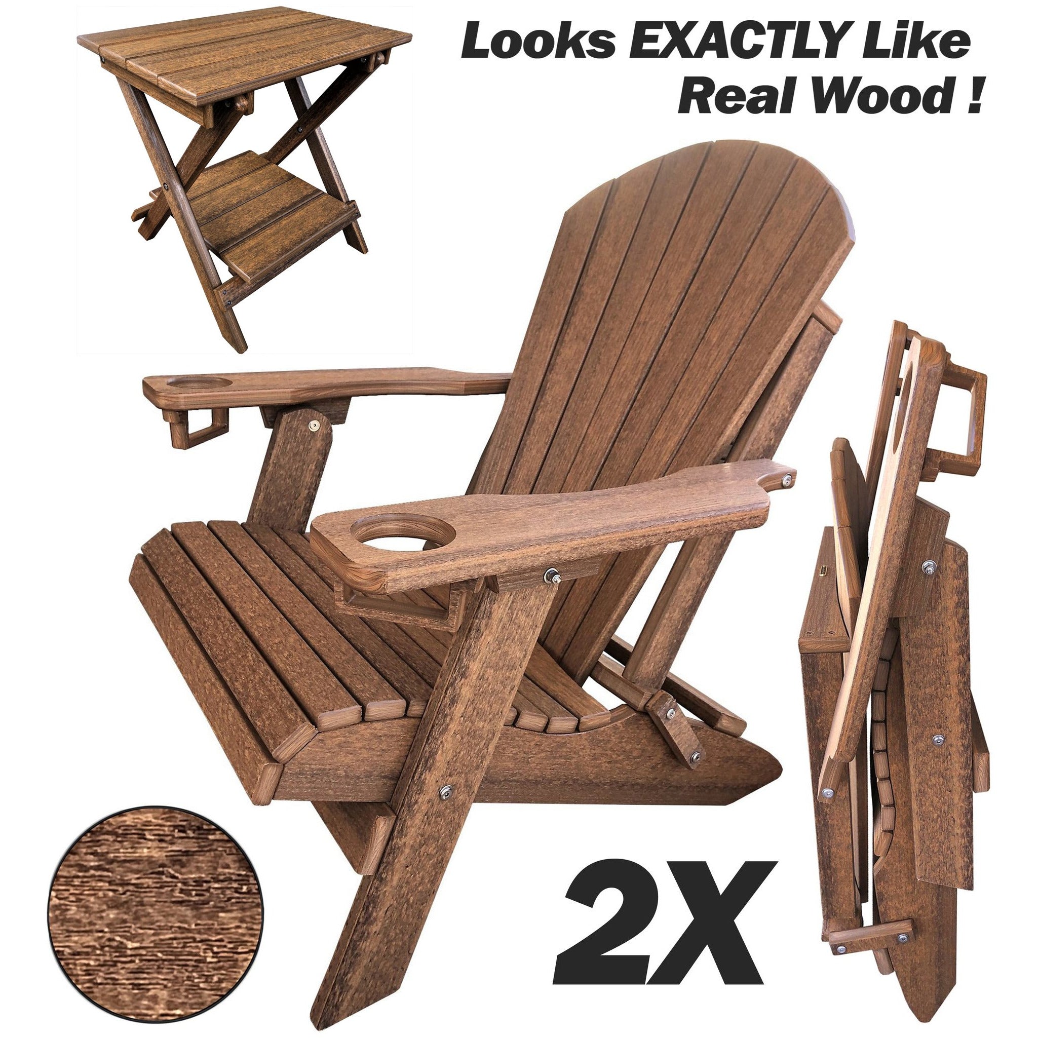 Set of 2 - DuraWeather Poly® Unwind Edition King Size Folding Adirondack Chairs With Built In Cupholders + 1 Folding End Table With Removable Tray