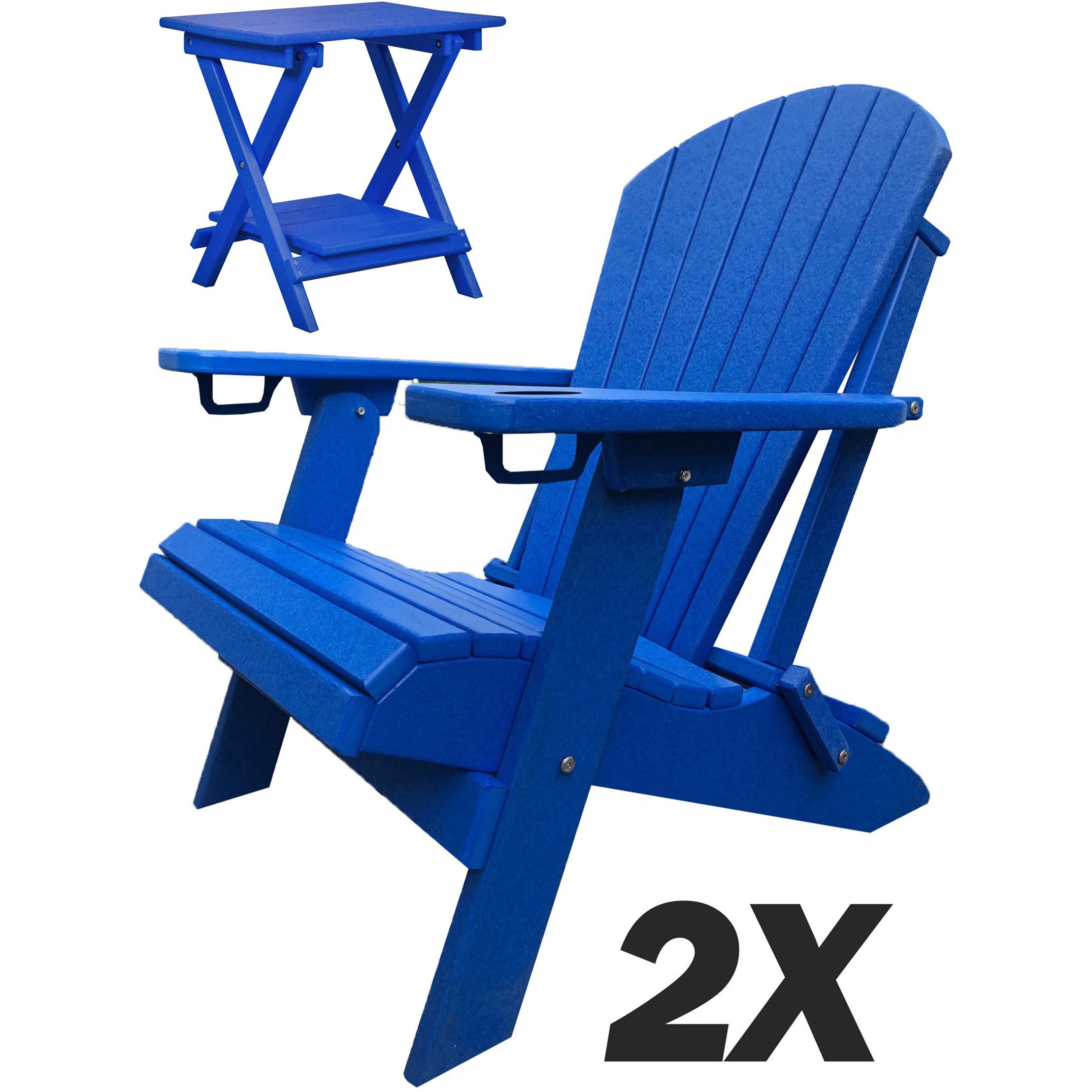 Set of 2 - DuraWeather Poly® Unwind Edition King Size Folding Adirondack Chairs With Built In Cupholders + 1 Folding End Table With Removable Tray