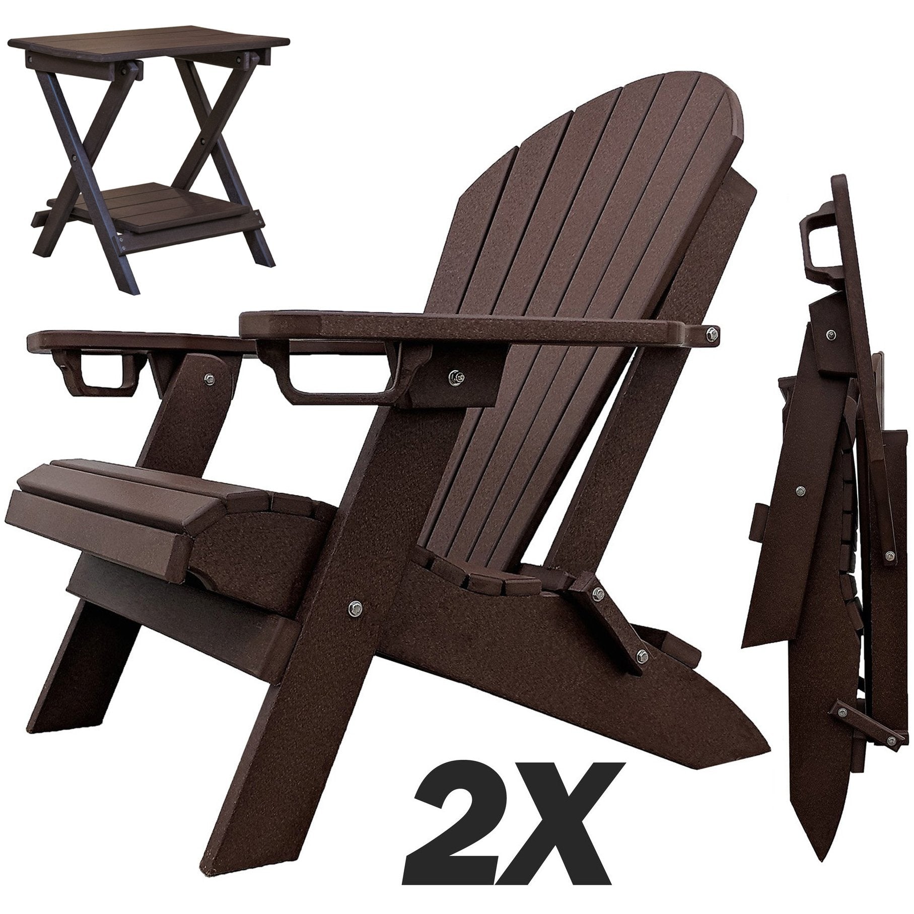 Set of 2 - DuraWeather Poly® Unwind Edition King Size Folding Adirondack Chairs With Built In Cupholders + 1 Folding End Table With Removable Tray