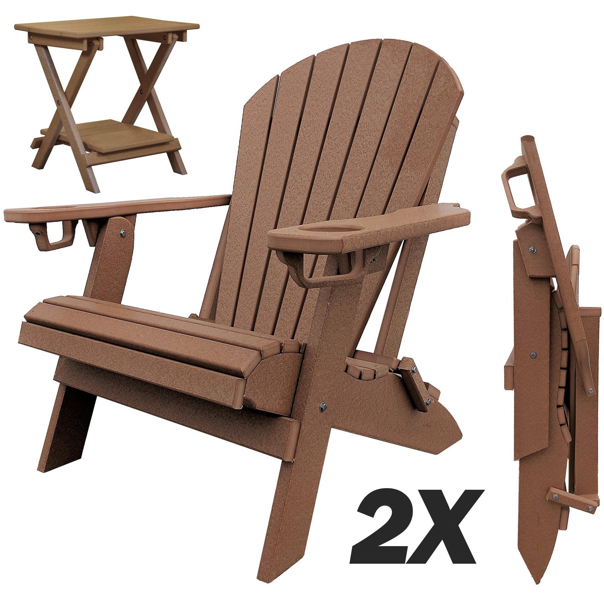 Set of 2 - DuraWeather Poly® Unwind Edition King Size Folding Adirondack Chairs With Built In Cupholders + 1 Folding End Table With Removable Tray