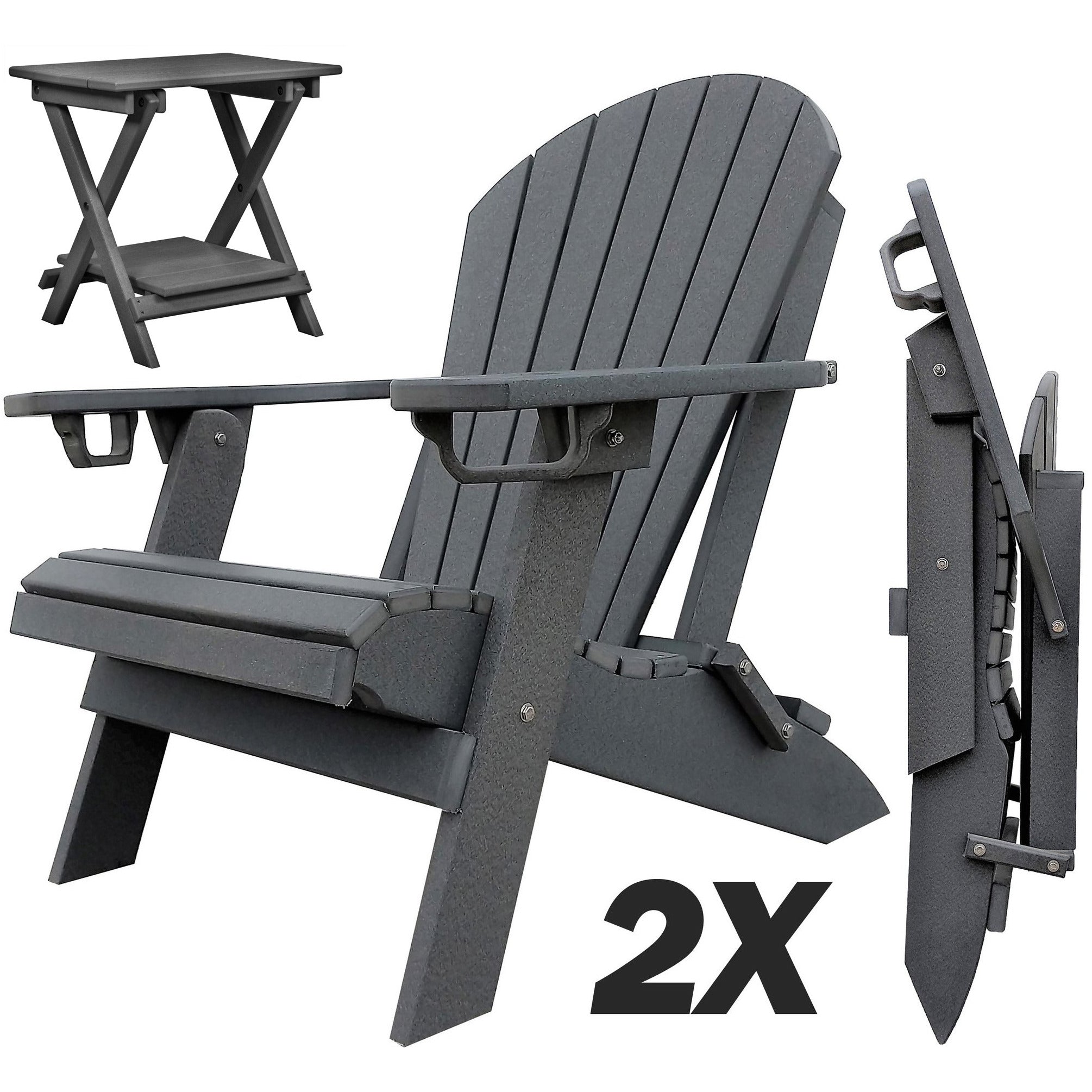 Set of 2 - DuraWeather Poly® Unwind Edition King Size Folding Adirondack Chairs With Built In Cupholders + 1 Folding End Table With Removable Tray