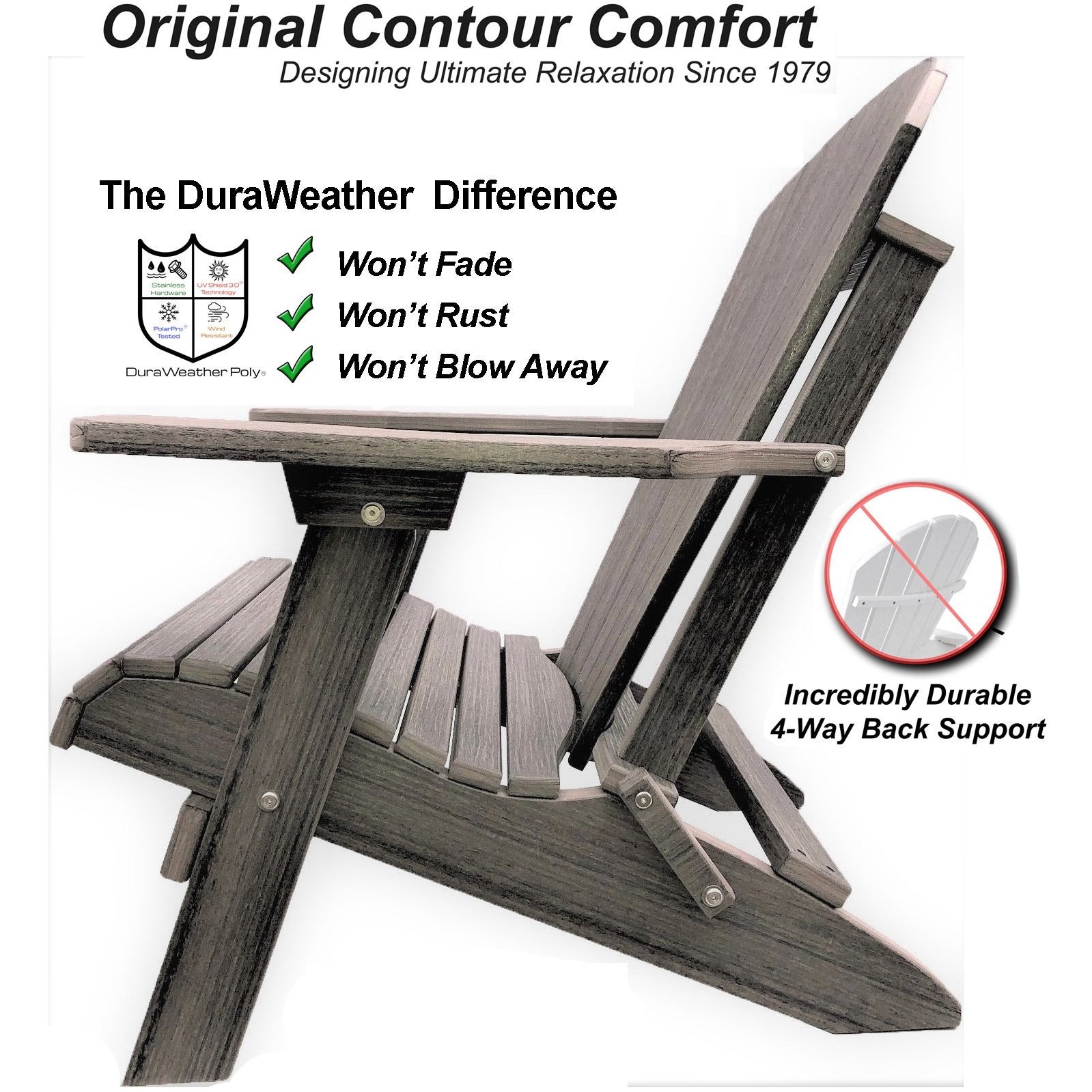 DuraWeather Poly&reg; King Size Folding Adirondack Chair - Exclusive Wood Grain Poly-resin