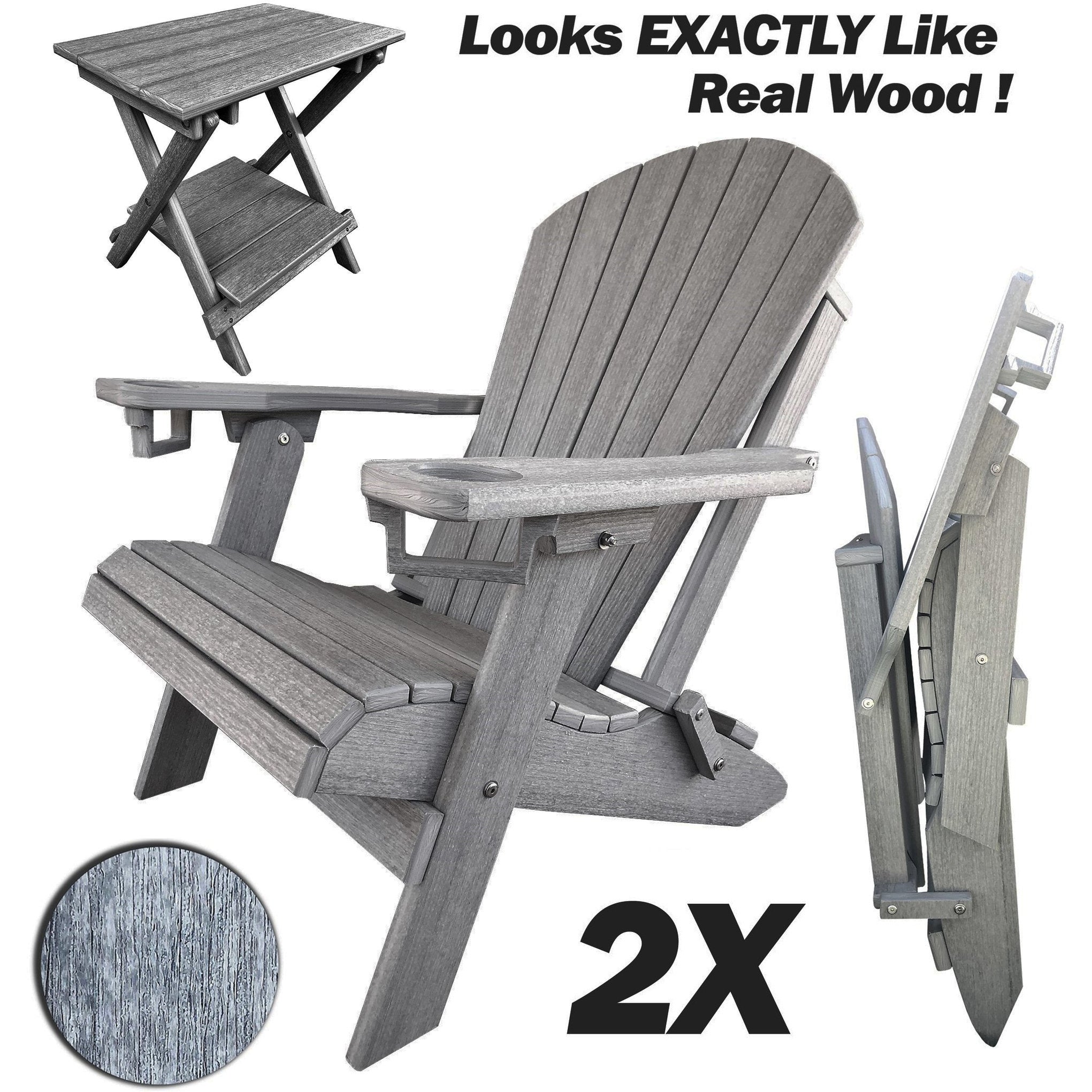 Set of 2 - DuraWeather Poly® Unwind Edition King Size Folding Adirondack Chairs With Built In Cupholders + 1 Folding End Table With Removable Tray